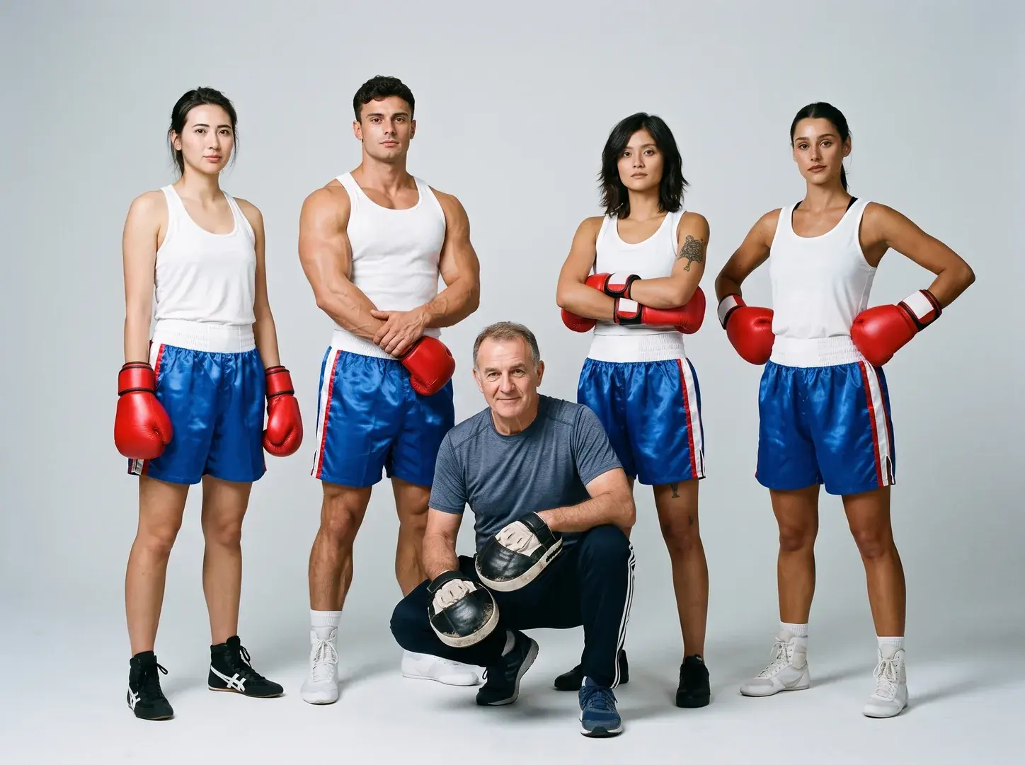 A boxing club squad on a light grey studio backdrop in royal blue satin trunks with white waistbands and red and white side stripes, white vests and red gloves, a coach crouching in front with focus mitts