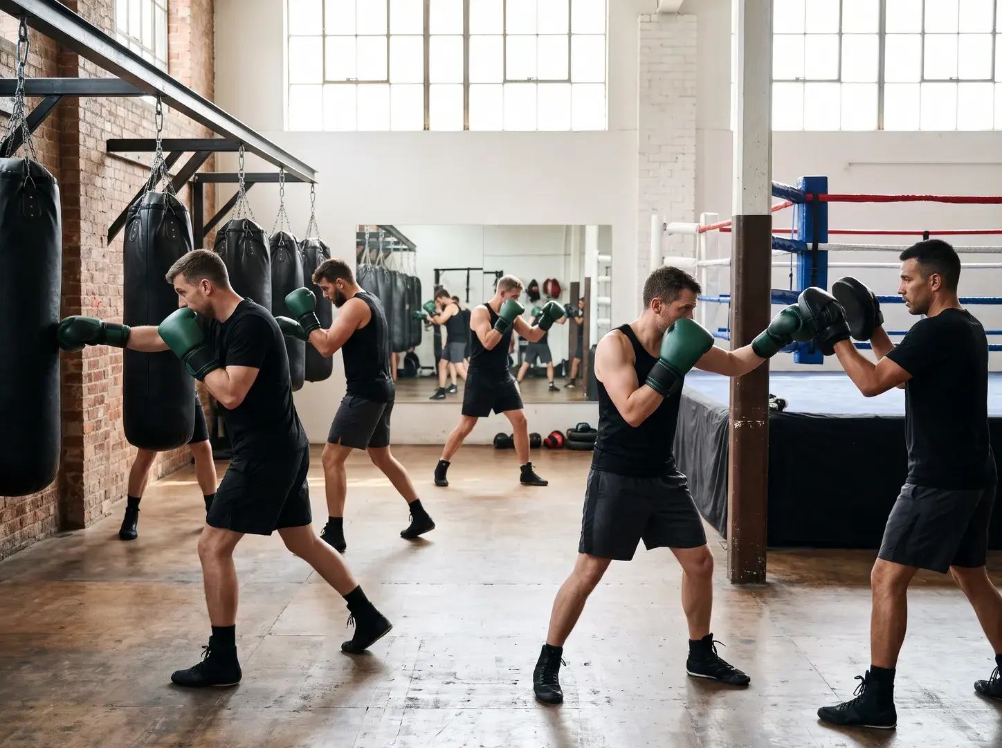 Boxing club members training at once in a bright brick-walled gym, on the heavy bags, the focus mitts and in front of the mirror, all in matching forest green and black training gloves.