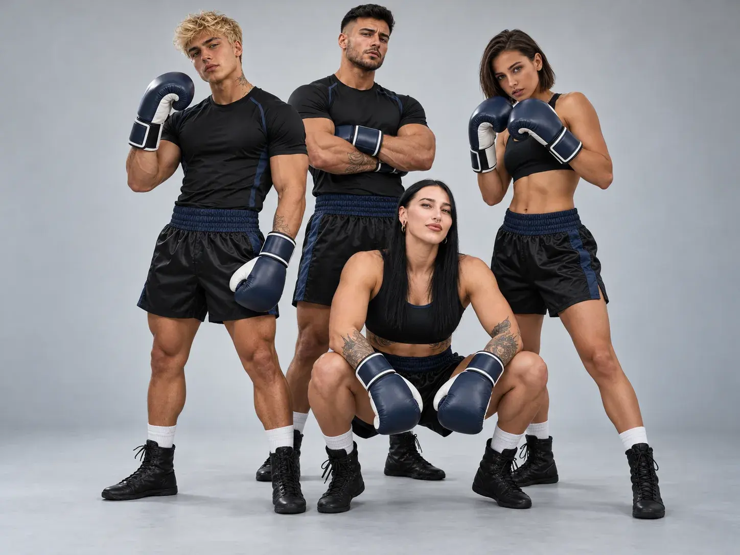 Four boxing club members in matching black kit with navy stripes, all wearing navy and white sparring gloves, on a light grey studio backdrop.