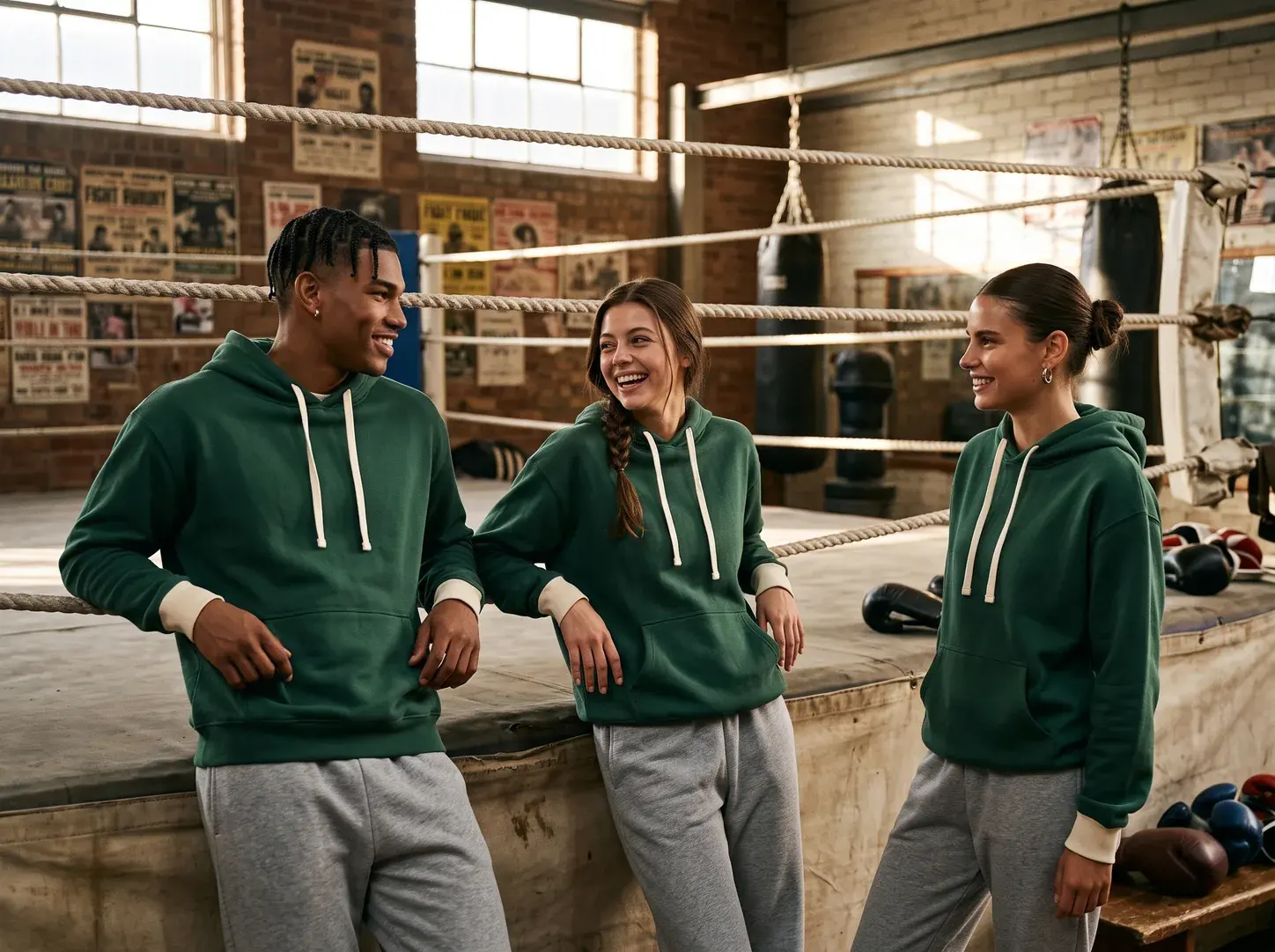 Three boxing club members leaning on the ring apron, laughing, in matching forest green hoodies with cream drawcords and cuffs, and grey joggers, heavy bags and fight posters behind.