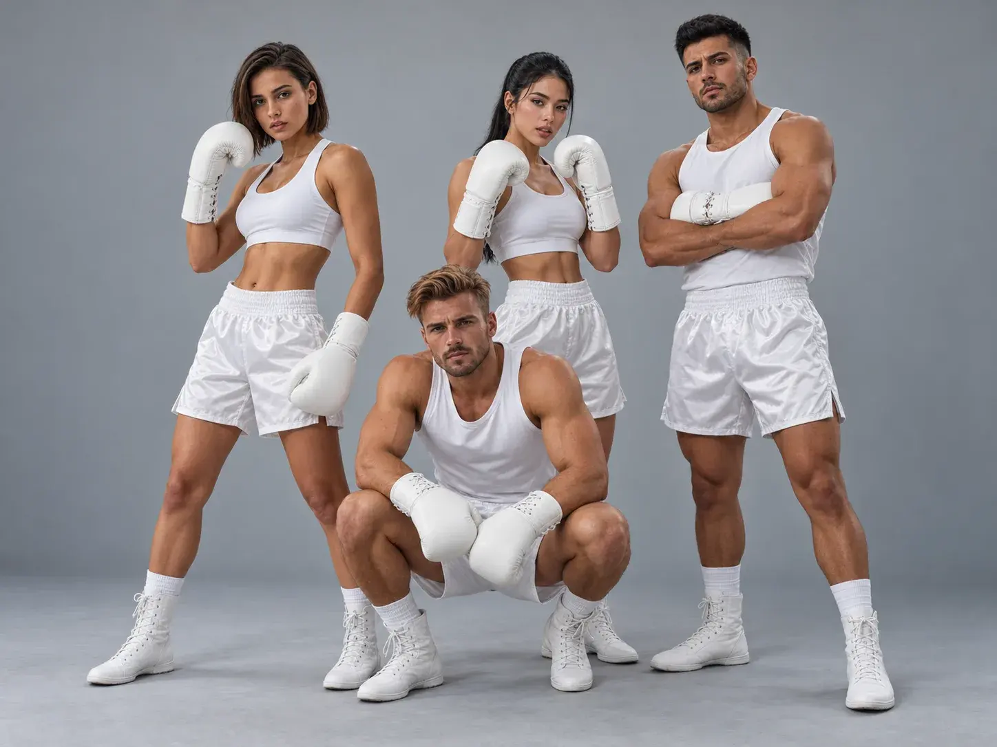 Four boxing club members in matching white competition kit and white lace-up competition gloves on a grey studio backdrop.