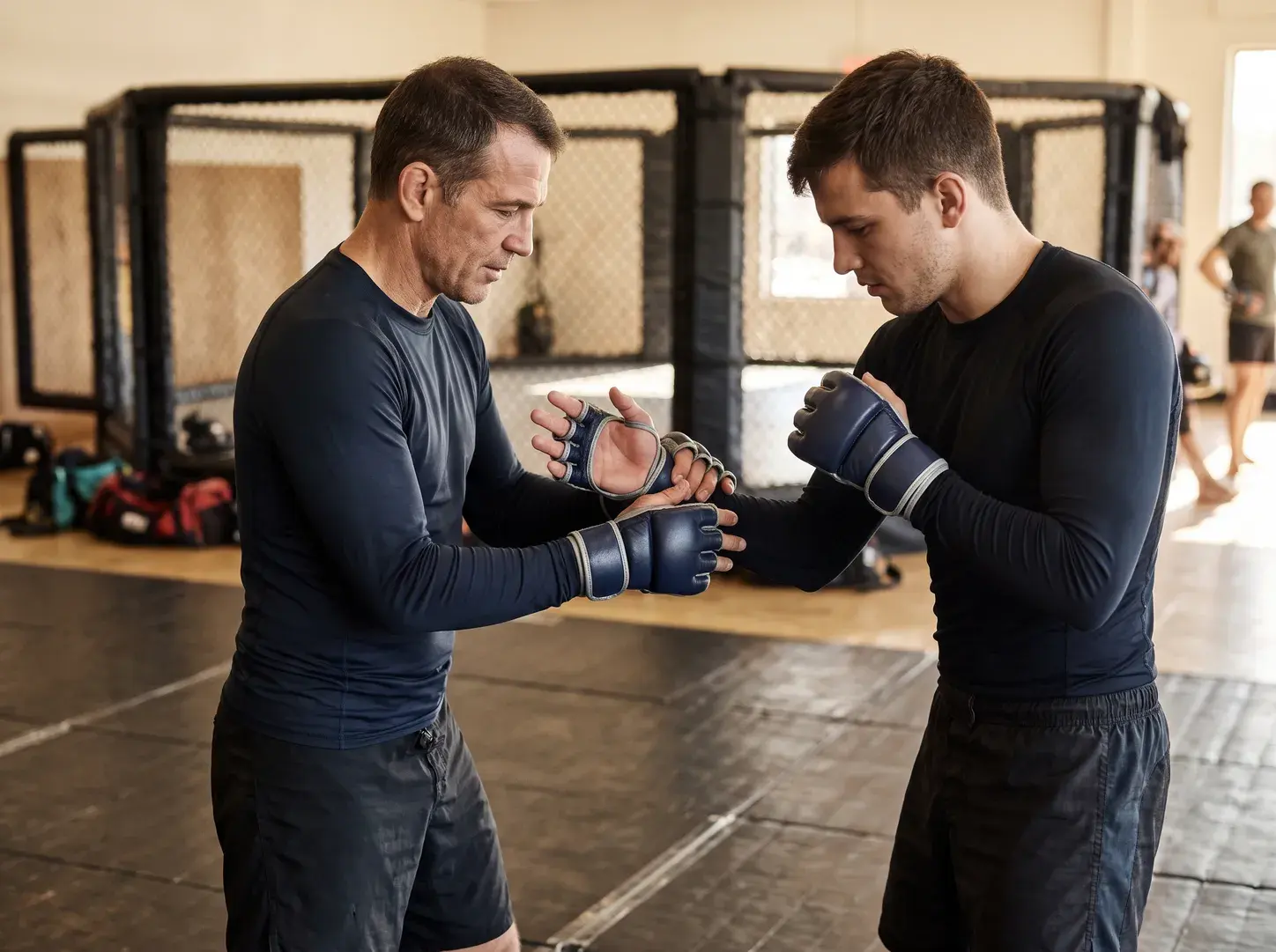 A coach demonstrating a wrist grip to a member on the mats of an MMA gym, both in navy and silver grey grappling gloves that leave the fingers free, a cage behind them.