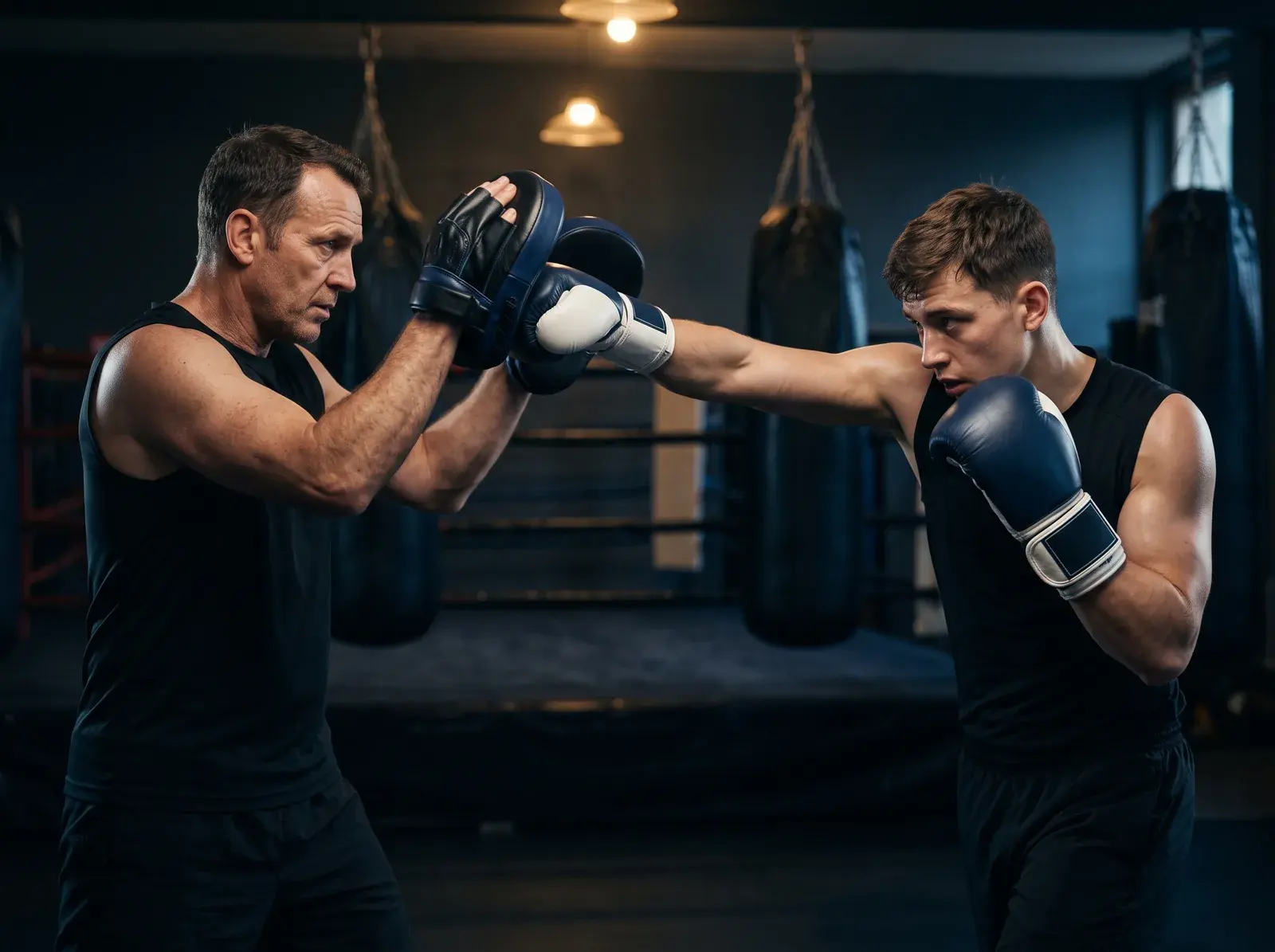 A coach holding up focus mitts in a dimly lit gym while a fighter in navy and white sparring gloves throws a straight punch into them.
