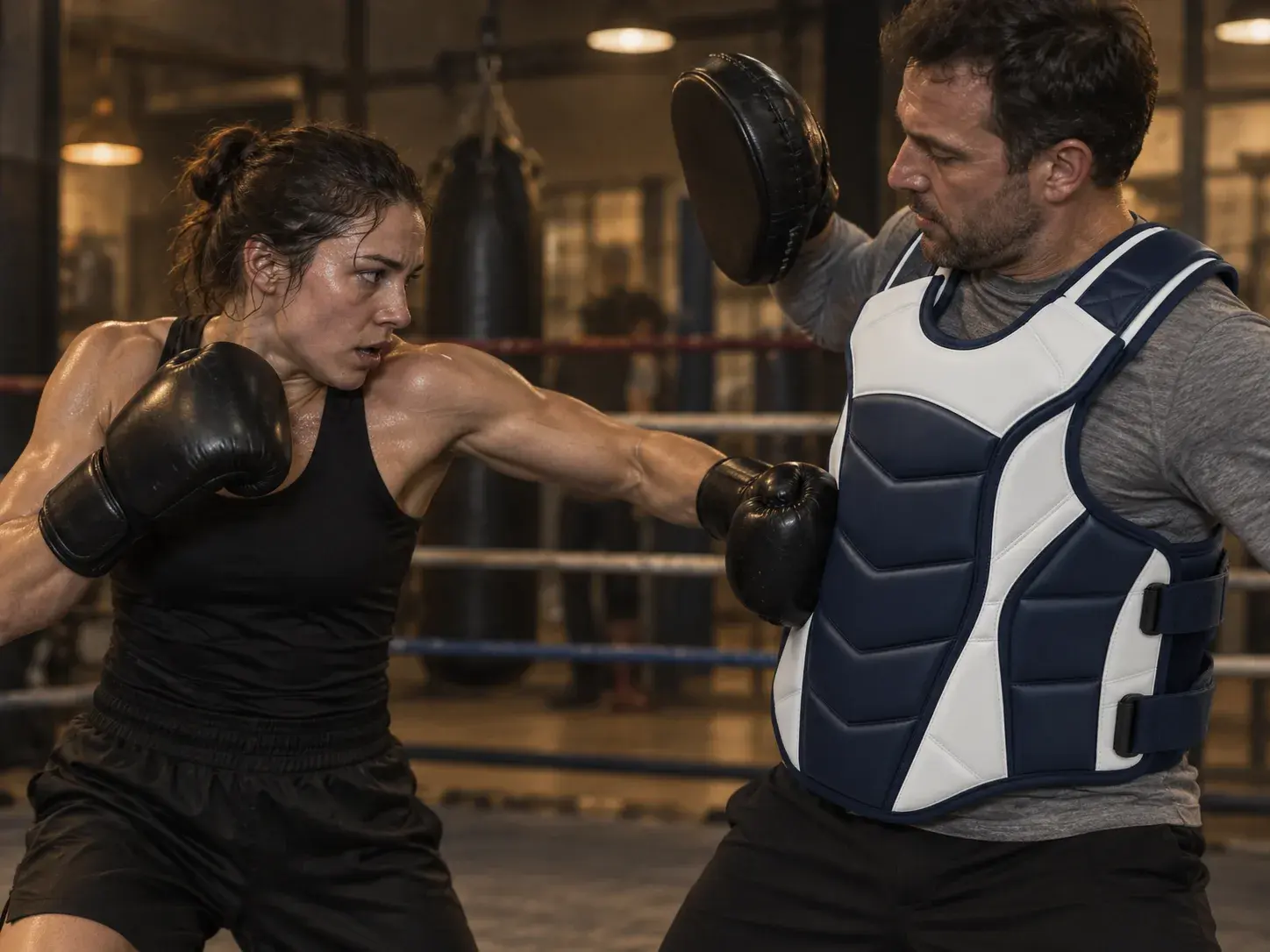 A coach in a navy and white body protector holding up a focus mitt while a boxer lands a body shot on the protector in a dimly lit gym.