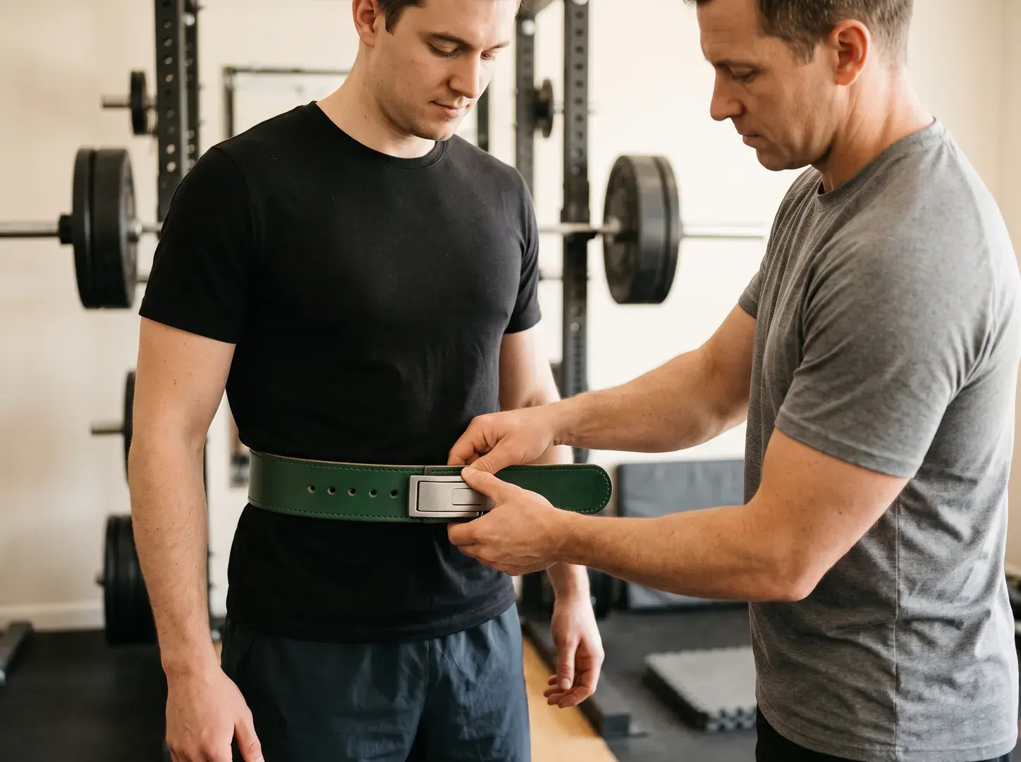 A coach closing the brushed steel lever buckle of a forest green leather lever belt on a lifter's waist beside a loaded squat rack.
