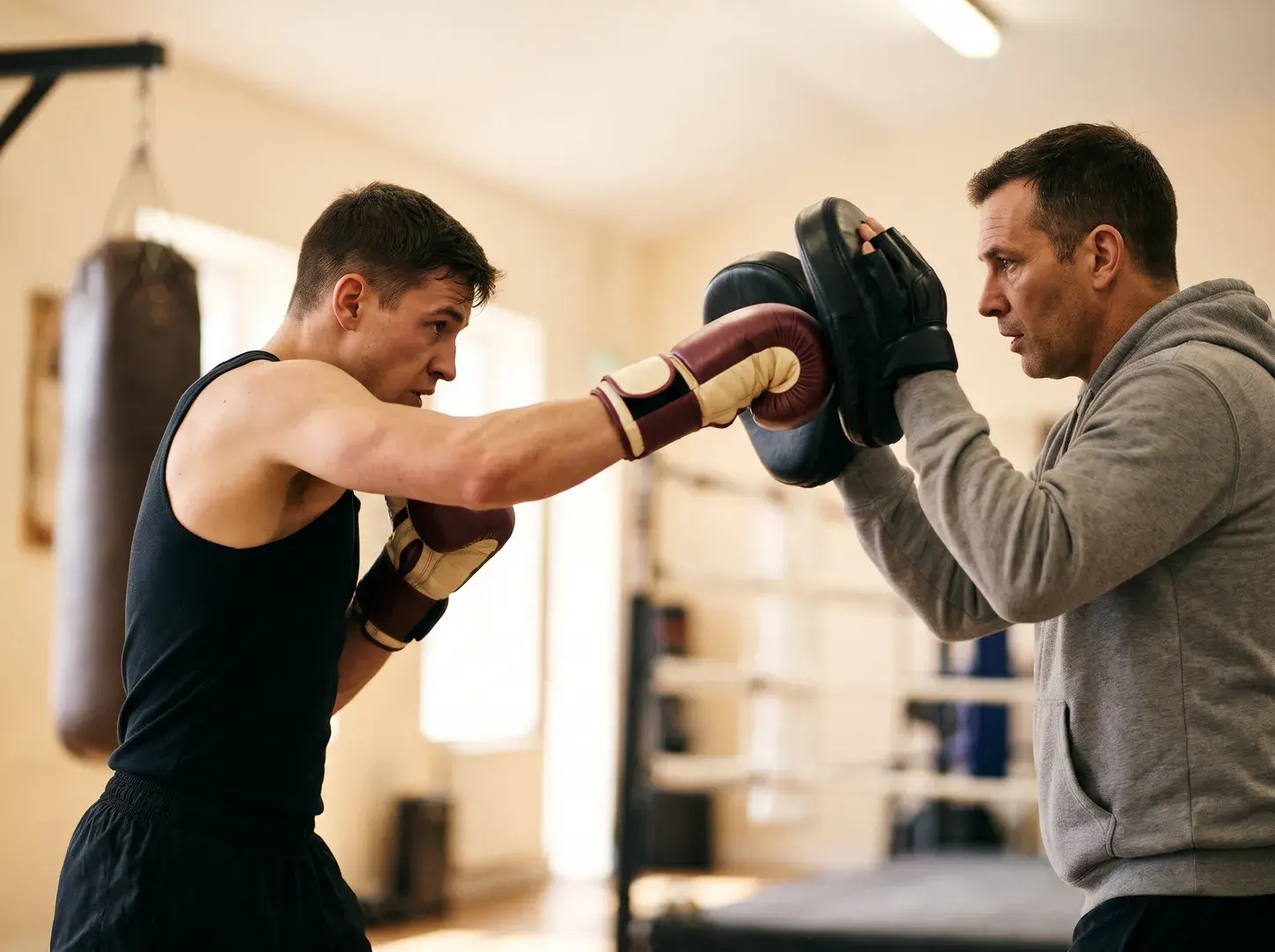 A member in burgundy and cream training gloves throwing a straight punch into a coach's focus mitts in a warm, bright boxing gym.