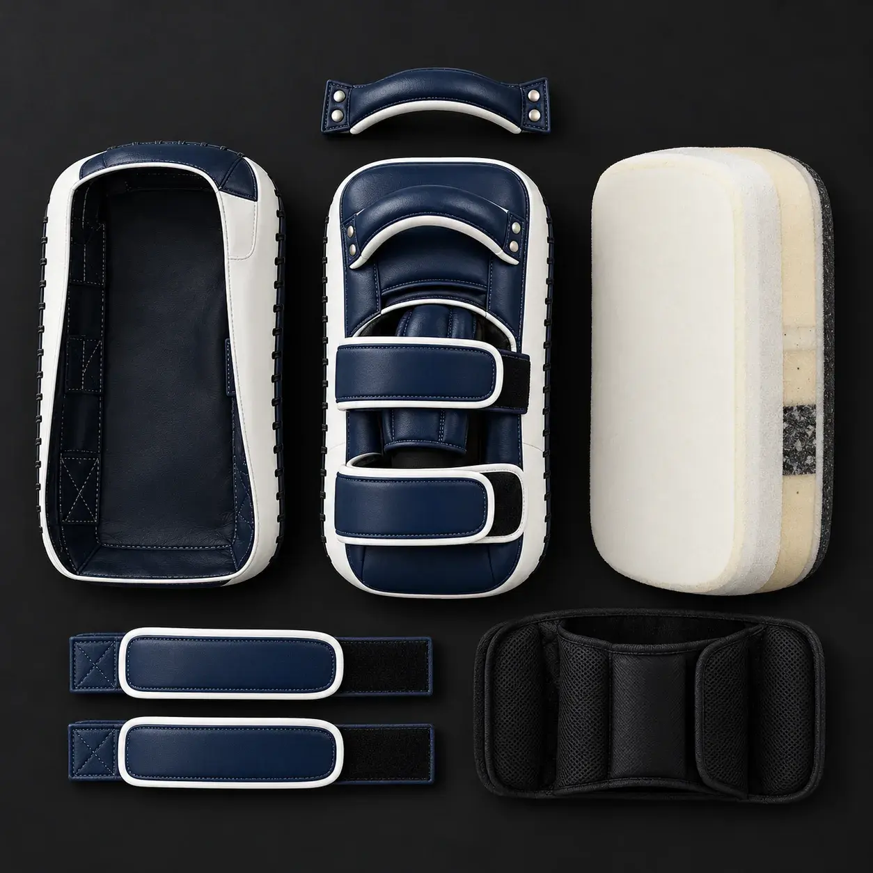 A navy and white Thai pad shown in its parts: the outer shell, the layered foam block, the inner lining, the forearm straps and the top handle.
