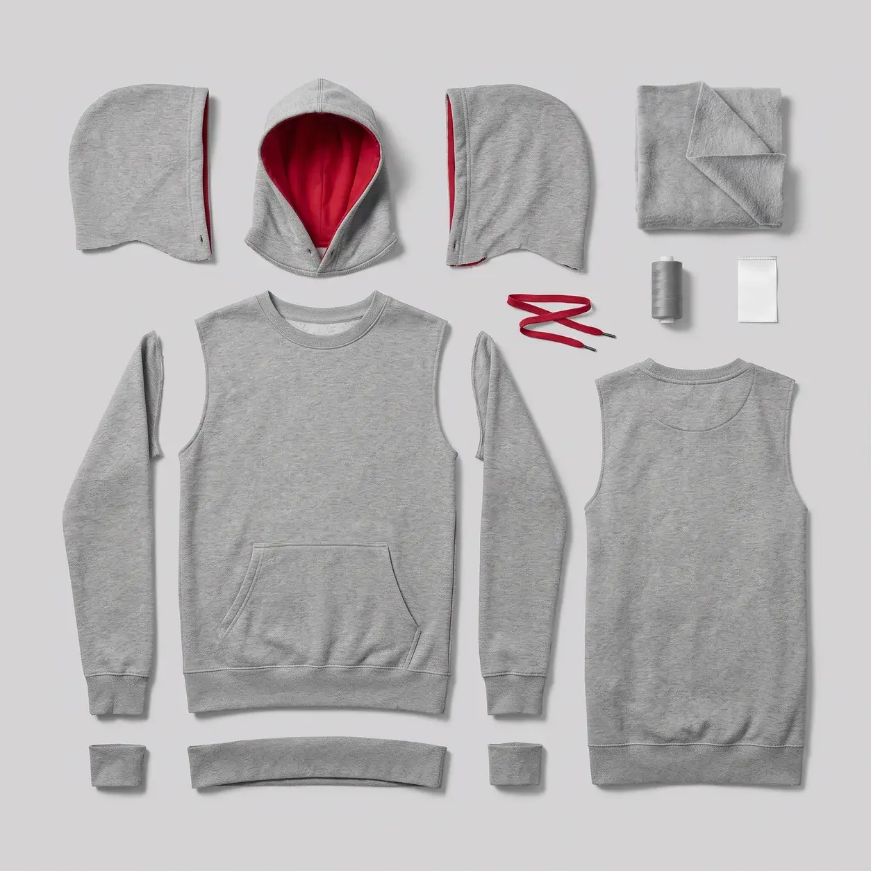 A heather grey hoodie with a red lined hood shown in its parts: hood panels, front and back panels, sleeves, pocket, ribbed cuffs and waistband, a red drawcord, a fleece swatch, thread and a care label.