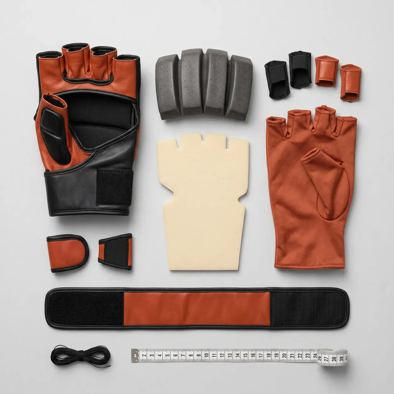 A burnt orange and black hybrid MMA glove laid out in its parts: the open-palm shell, the segmented knuckle foam, a padding layer, the inner lining, the finger loops and the wrist strap, with thread and a tape measure.