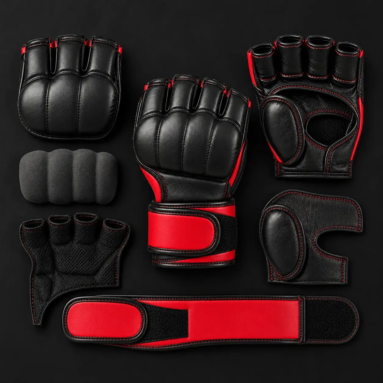A black and red MMA fight glove shown in its parts: the knuckle shell, the knuckle padding foam, the open palm with finger loops, the mesh lining, the thumb panel and the red hook-and-loop wrist strap.