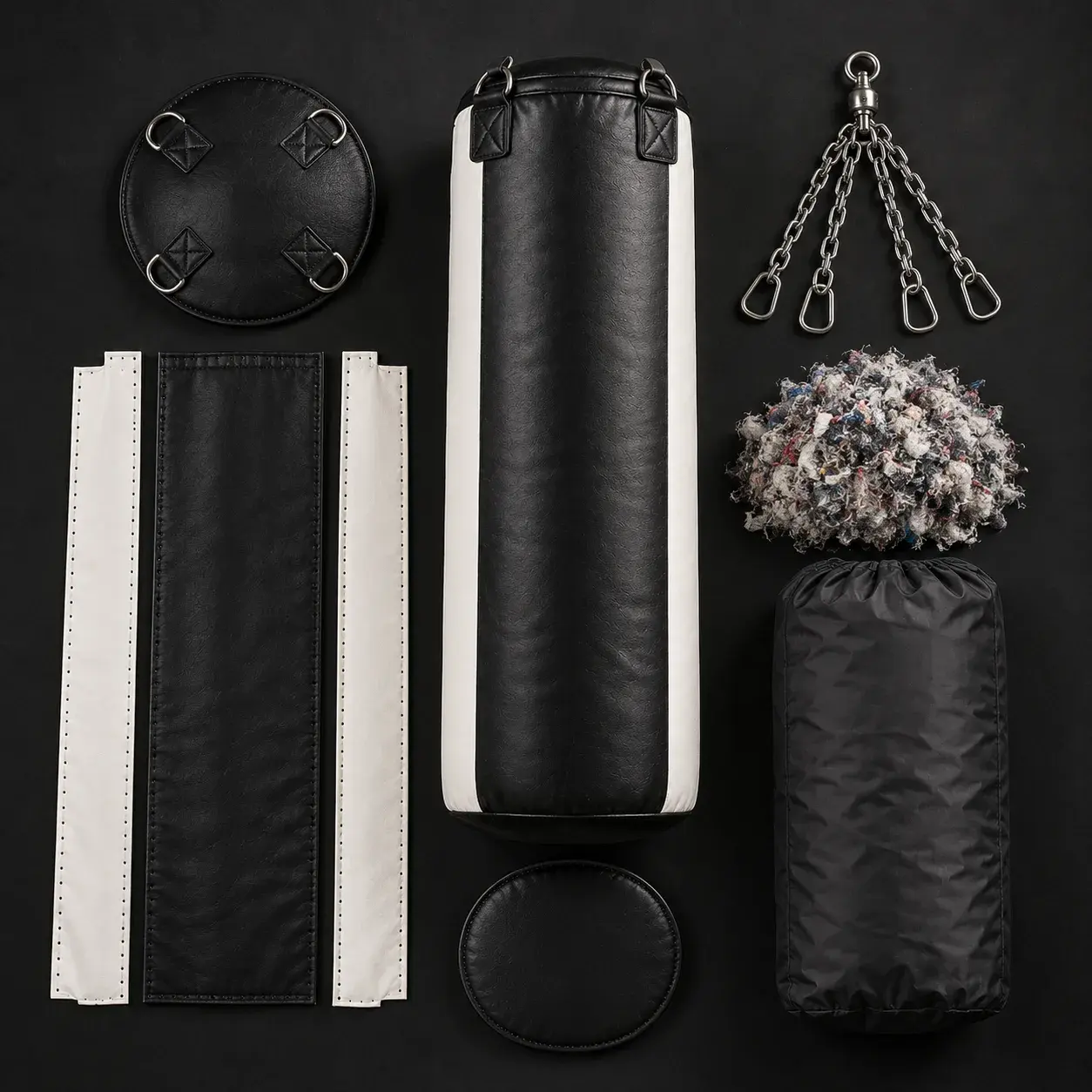A black and white heavy bag shown in its parts: the shell panels, the top cap with four D-rings, the chains and swivel, the textile filling, the inner bag and the base.
