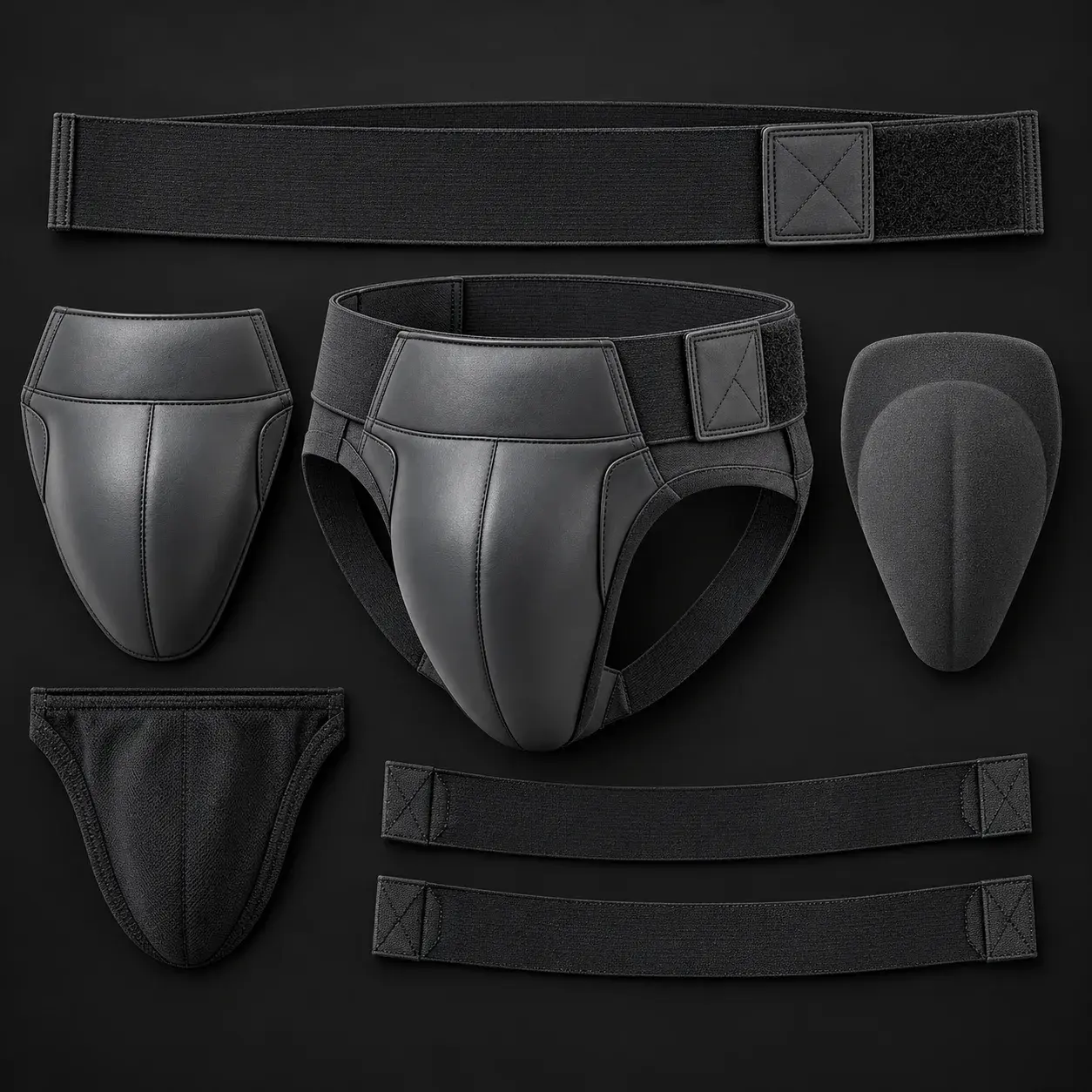 A black groin guard shown in its parts: the leather cup shell, the foam insert, the lining, the elastic waistband with its hook-and-loop tab and the leg straps.