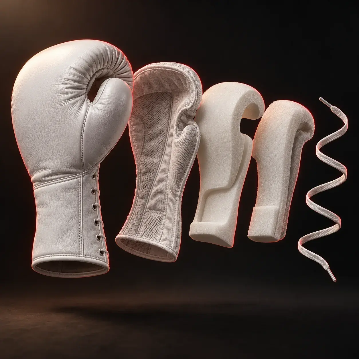 A white lace-up competition glove shown in its parts: the leather shell with its laced cuff, the inner lining, two compact layers of padding foam and the white lace.