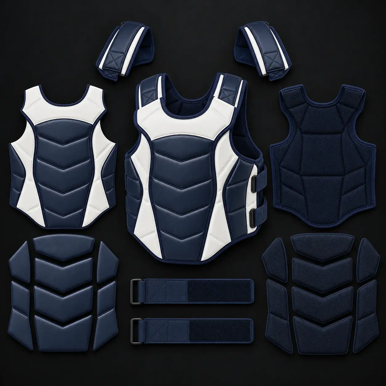 A navy and white body protector shown in its parts: the front shell, the segmented foam padding, the lining, the shoulder straps and the hook-and-loop side straps.