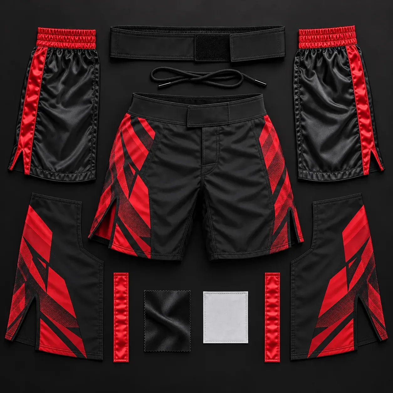 Black and red fight shorts shown in their parts: the sublimated leg panels, the trunk panels, the side stripes, the waistband, a fabric swatch and a label.