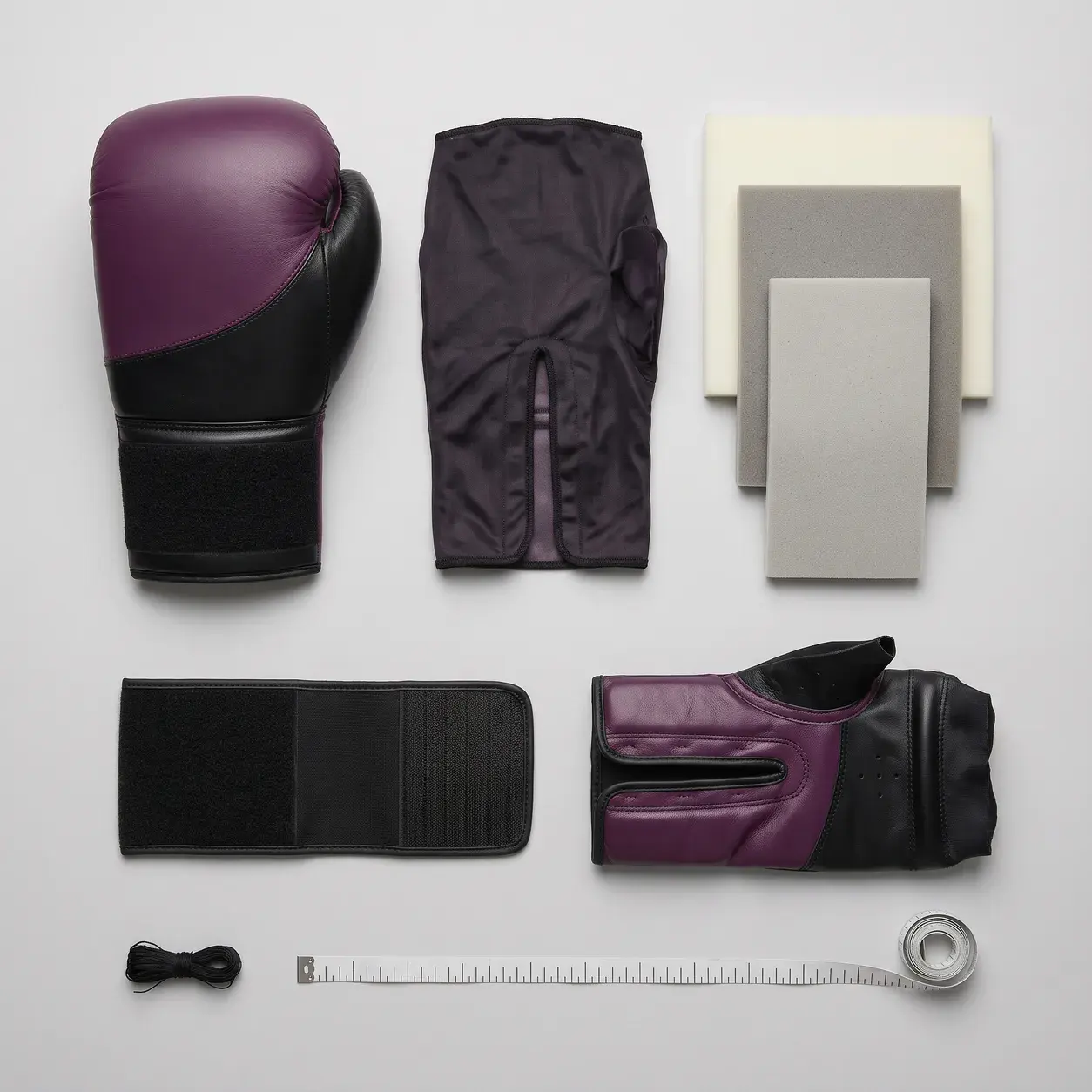 A purple and black hook-and-loop training glove laid out in its parts: the outer shell, the inner lining, three layers of padding foam, the wrist strap and the palm, with thread and a tape measure.