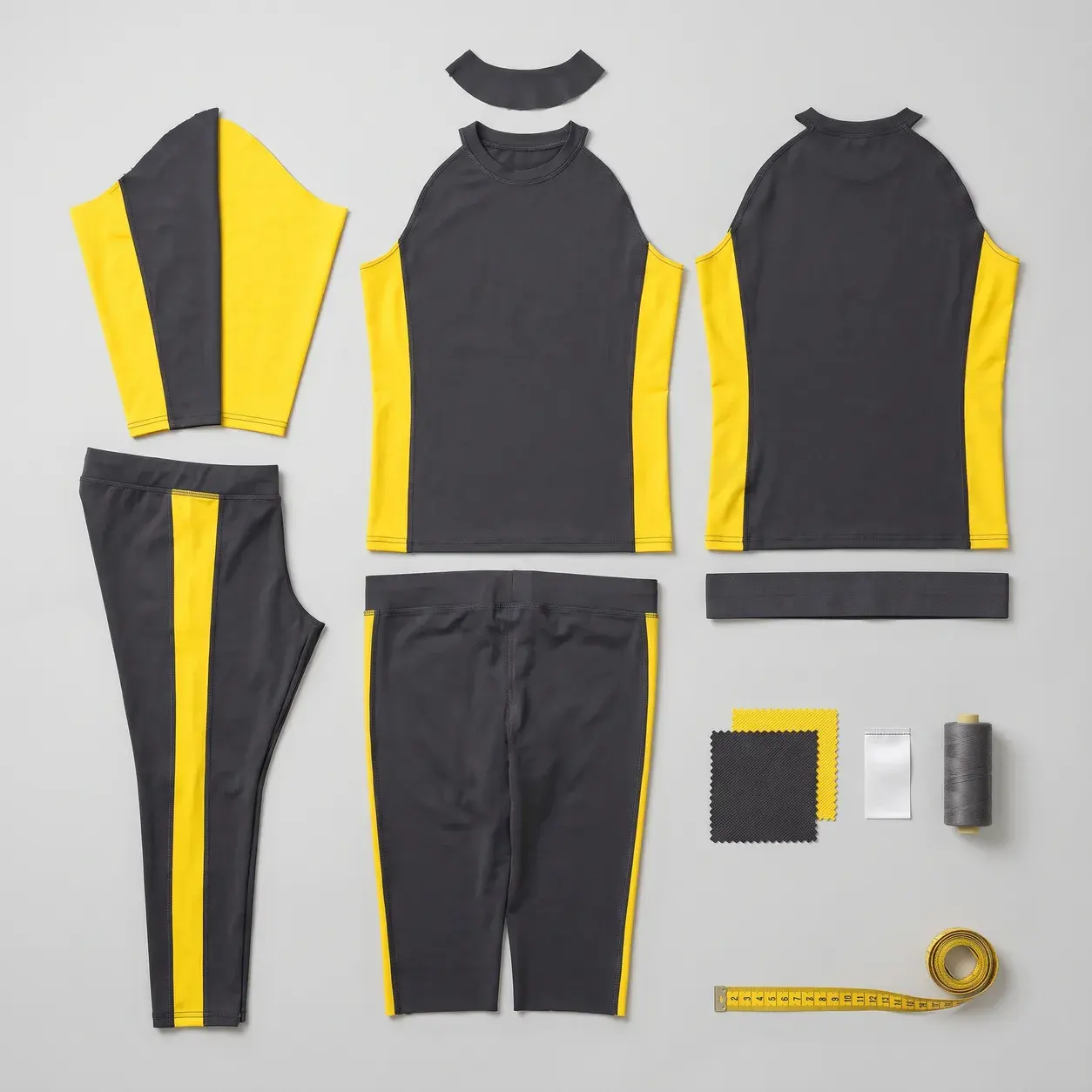 A charcoal and yellow rash guard laid out in its parts, front and back panels, sleeves and neck binding, beside spats and shorts in the same panels, a waistband, a fabric swatch, a label, thread and a tape measure.