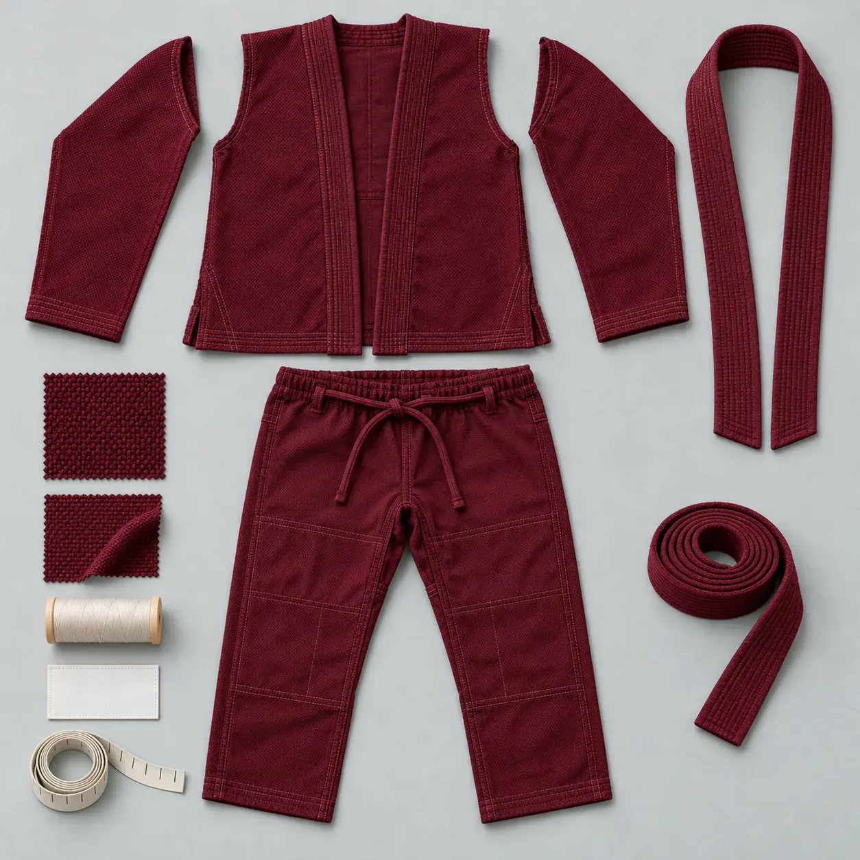 A burgundy junior BJJ gi laid out in its parts: the jacket body, both sleeves, the collar, the trousers with their drawstring and a matching belt, with weave swatches, thread, a blank label and a tape measure.