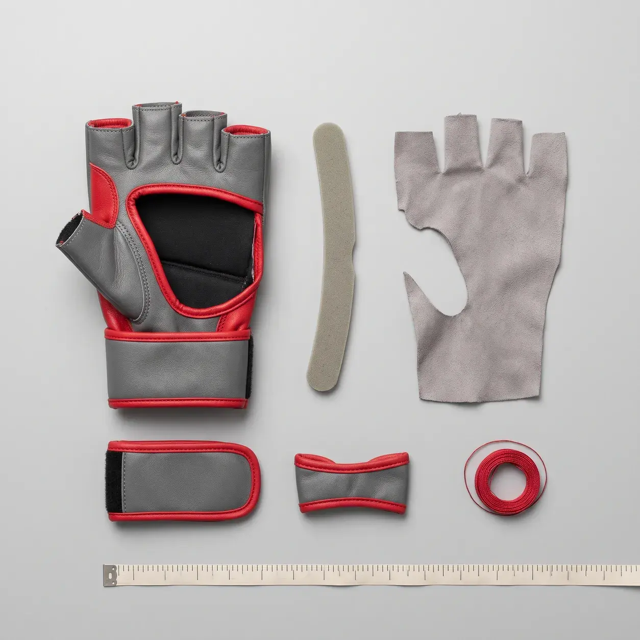 A grey and red grappling glove laid out in its parts: the open-palm shell, a single thin strip of knuckle foam, the thin lining, the wrist strap and its loop, with red thread and a tape measure.