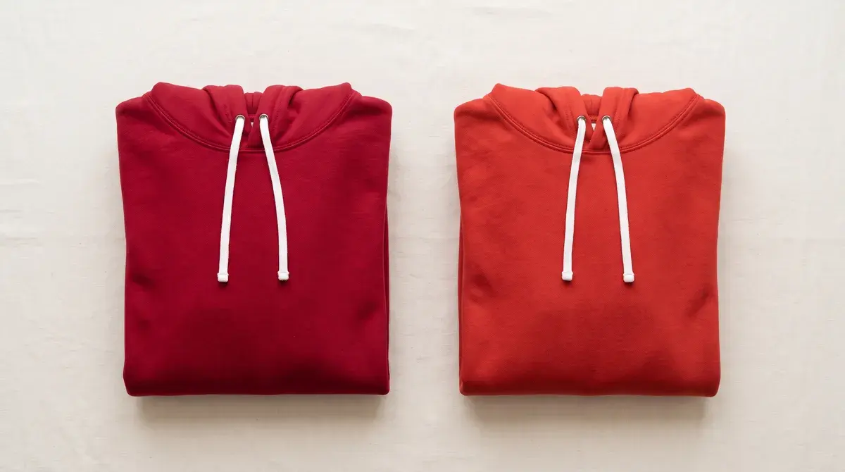 Two folded red hoodies side by side: the first a deep crimson, the second a brighter orange-red.