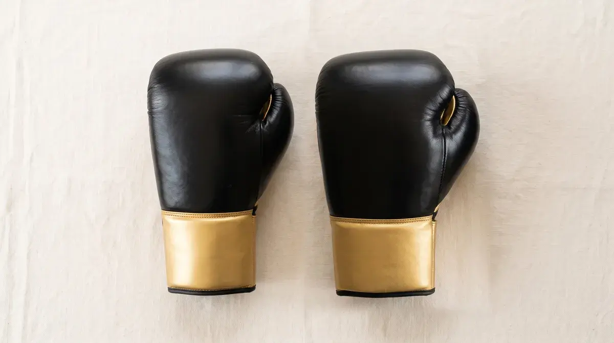 Two black and gold boxing gloves side by side: the second, cut from a new pattern, is wider, with the thumb set lower and a broader cuff.