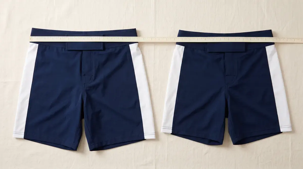 Two pairs of navy fight shorts, both sold as a medium, under one tape measure: the second pair is narrower and shorter.