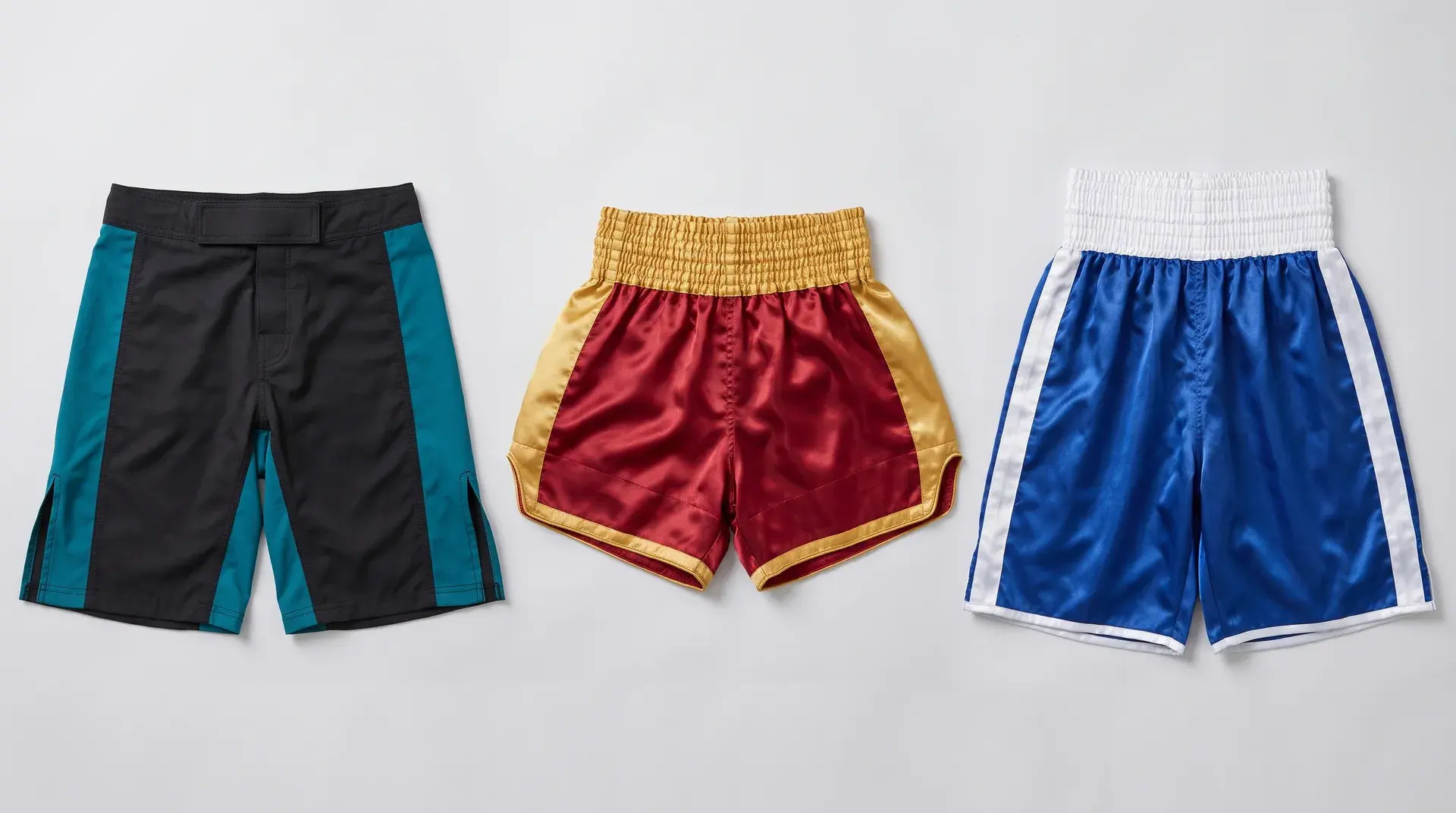 Three styles of fight shorts laid side by side: black and teal MMA fight shorts with a hook-and-loop waistband and side splits, short red and gold satin Muay Thai shorts with an elastic waistband, and royal blue satin boxing trunks with a tall white waistband and white side stripes.