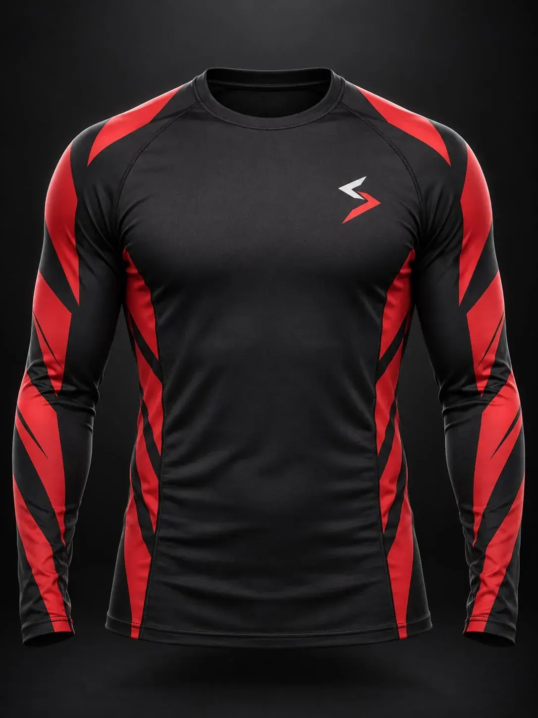 The finished black rash guard with sublimated red geometric side and sleeve panels, the Sparwright logo sublimated on the left chest as in the drawing.