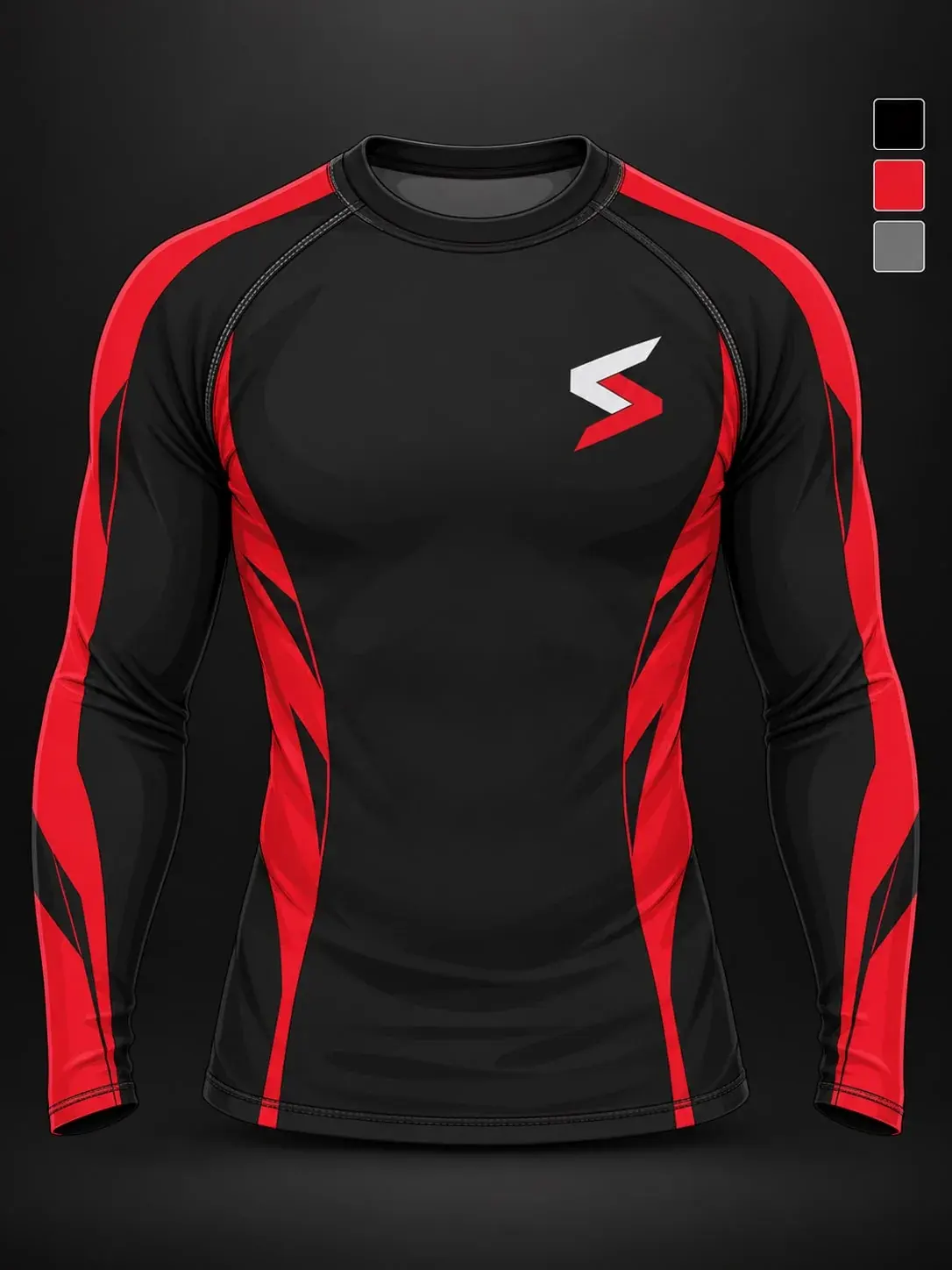 A flat design mockup of a black long-sleeve rash guard with red geometric side and sleeve panels and the Sparwright logo on the left chest, beside its three colour swatches.