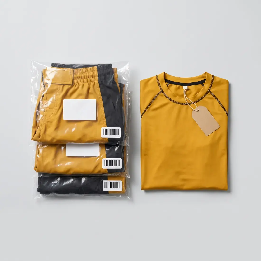 Three pairs of mustard and black fight shorts in clear polybags, each with a blank label and a barcode sticker, beside a folded mustard rash guard with a blank kraft swing tag.
