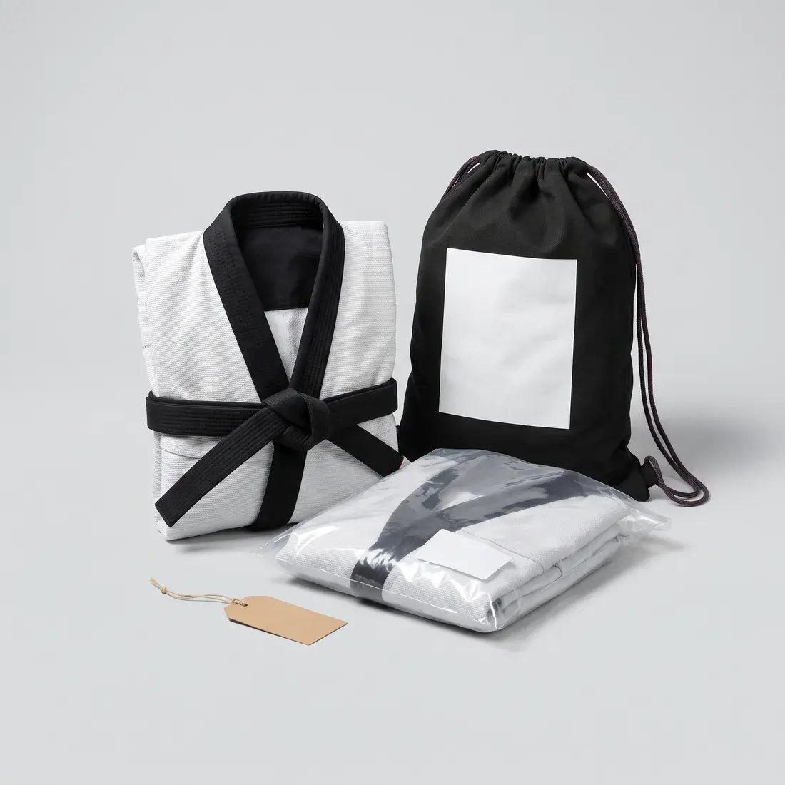 A white BJJ gi with a black collar, folded and tied with a black belt, beside a black drawstring gi bag with a blank panel, a second gi in a labelled polybag and a blank kraft swing tag.