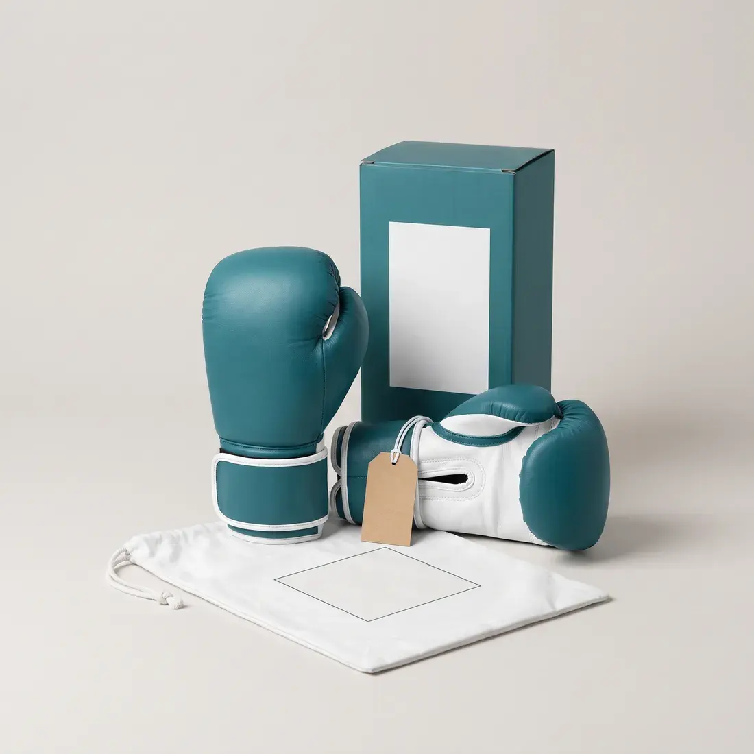 A pair of teal and white boxing gloves with a blank kraft hang tag on one cuff, in front of a teal retail box with a blank label panel and a white drawstring glove bag.