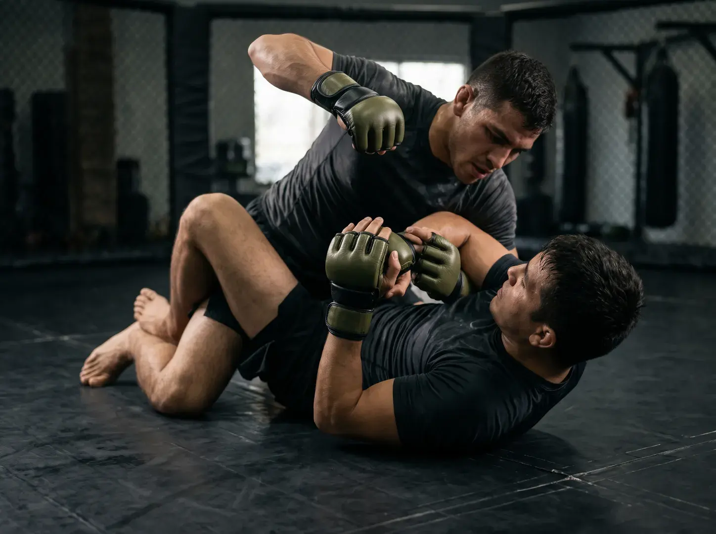 Two fighters scrambling on the mat in a dim MMA gym, one in half guard raising a fist, the other gripping his wrist, both in olive green and black hybrid gloves that leave the fingers free to grab.