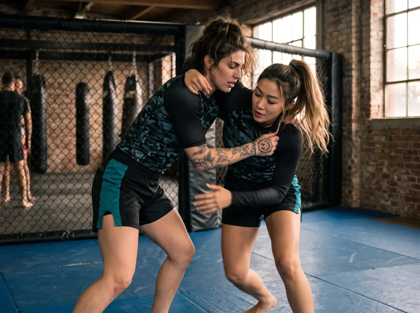 Two fighters clinching on the mats beside the cage in a brick-walled MMA gym, both in black rash guards with a teal and charcoal camouflage pattern and black shorts with teal panels.