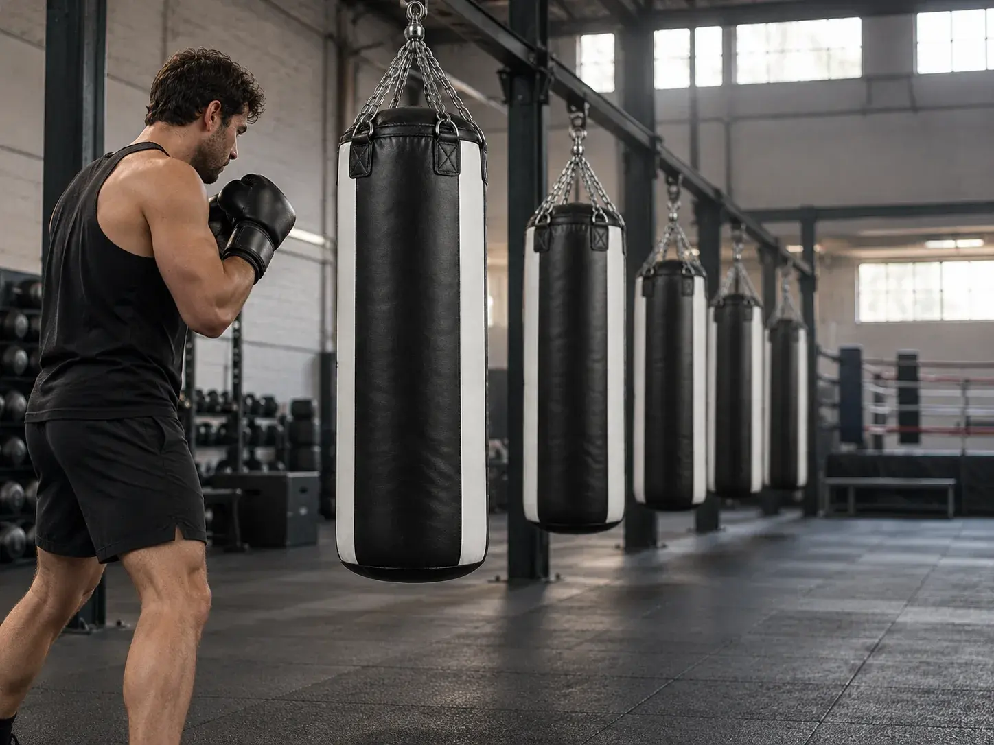 A boxer in a guard beside a row of five black and white heavy bags hanging from a ceiling rail on a gym floor, a ring in the background.