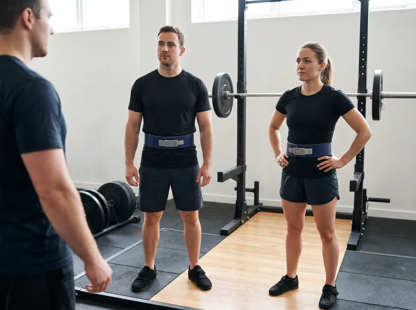 Two members of a strength gym standing beside a squat rack between sets in matching navy leather lever belts with brushed steel lever buckles, listening to their coach.