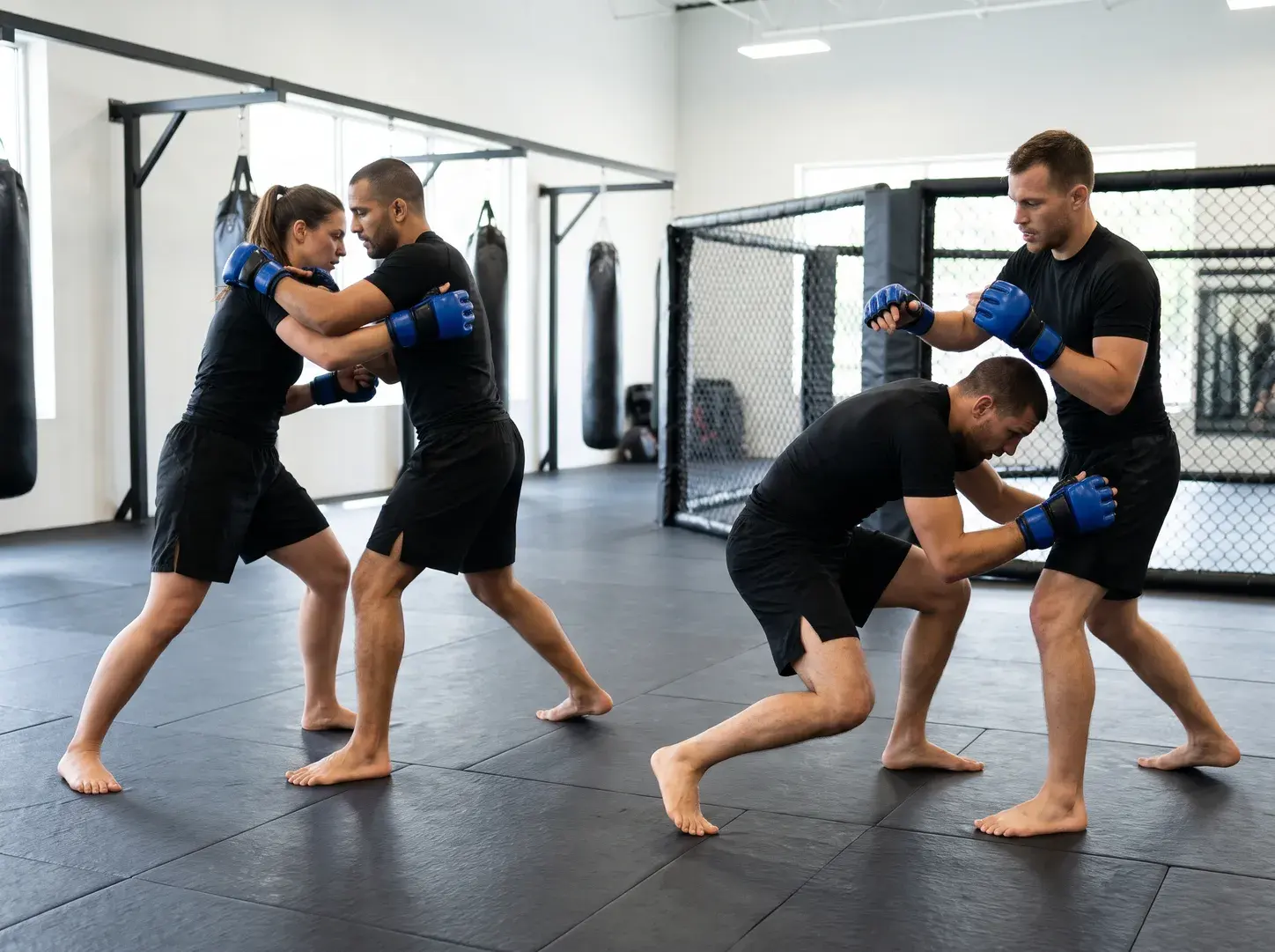 Two pairs drilling clinch and takedown entries on black mats in a bright MMA gym, all four in royal blue and black open-palm hybrid gloves, black rash guards and black shorts, a cage behind them.