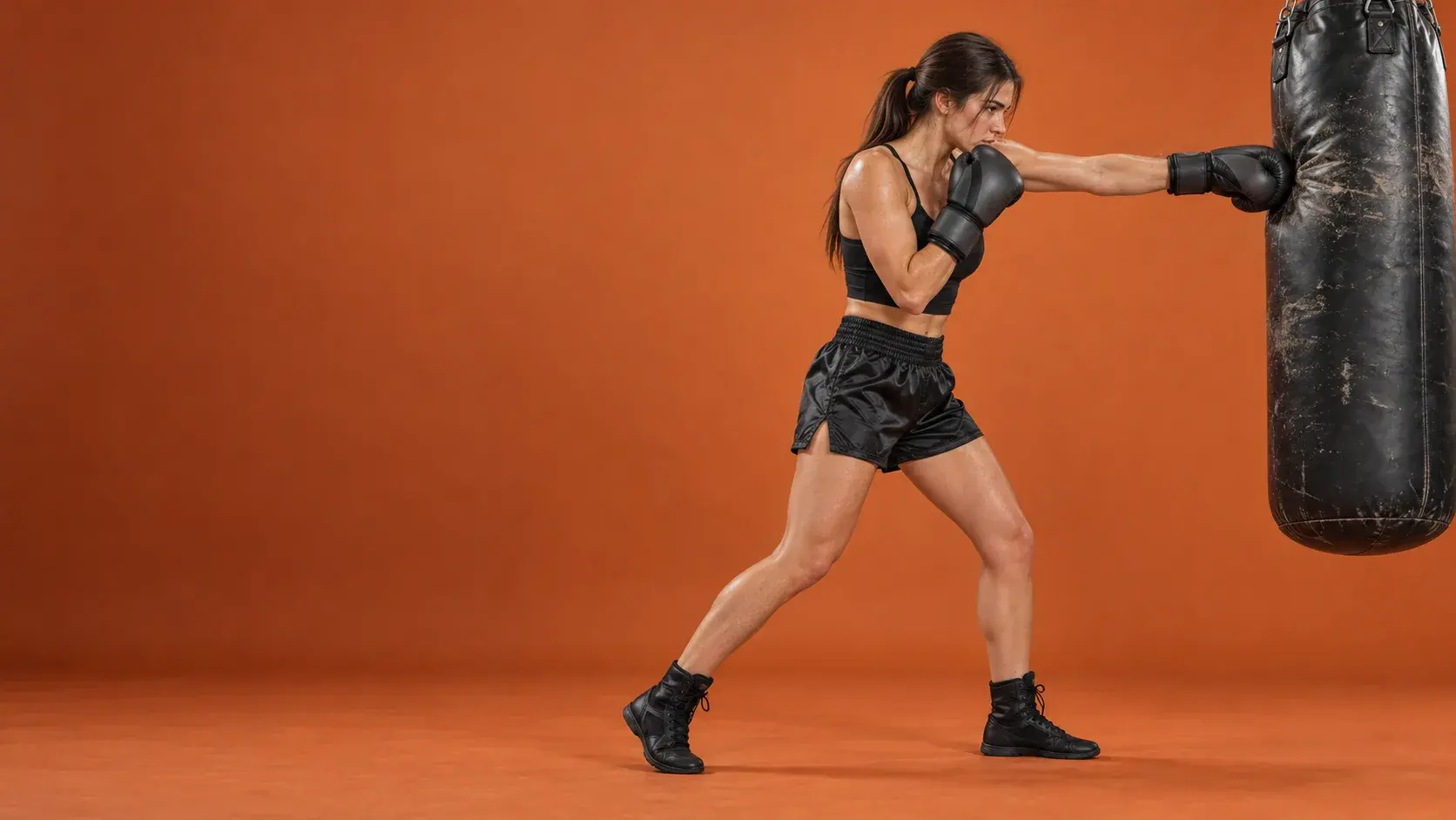 A boxer throwing a straight punch into a worn black heavy bag on a burnt orange backdrop, wearing matte charcoal bag gloves, a black sports top and black satin shorts.