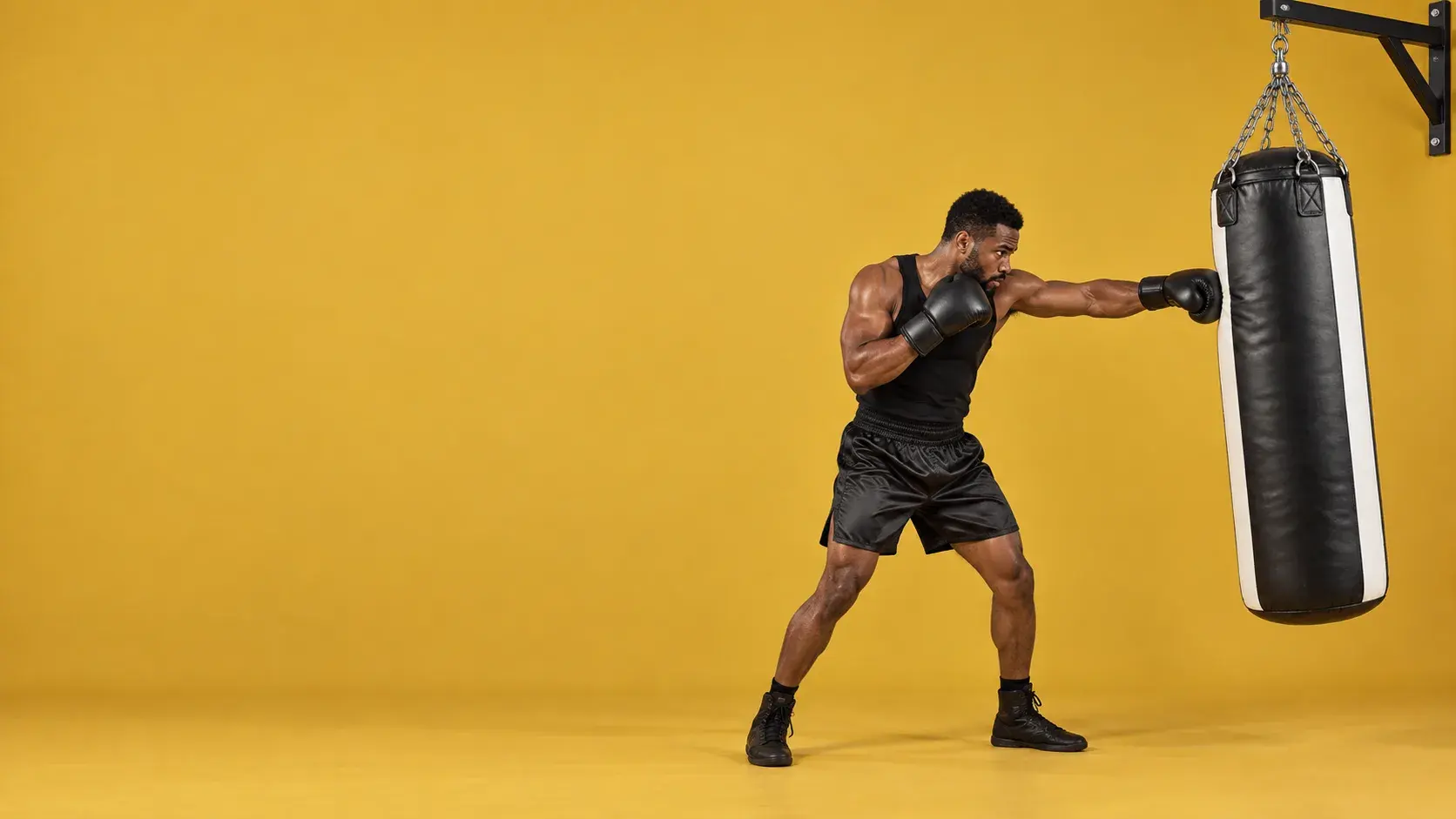 A boxer on a mustard yellow backdrop throwing a straight punch into a black and white heavy bag hanging from a wall bracket.