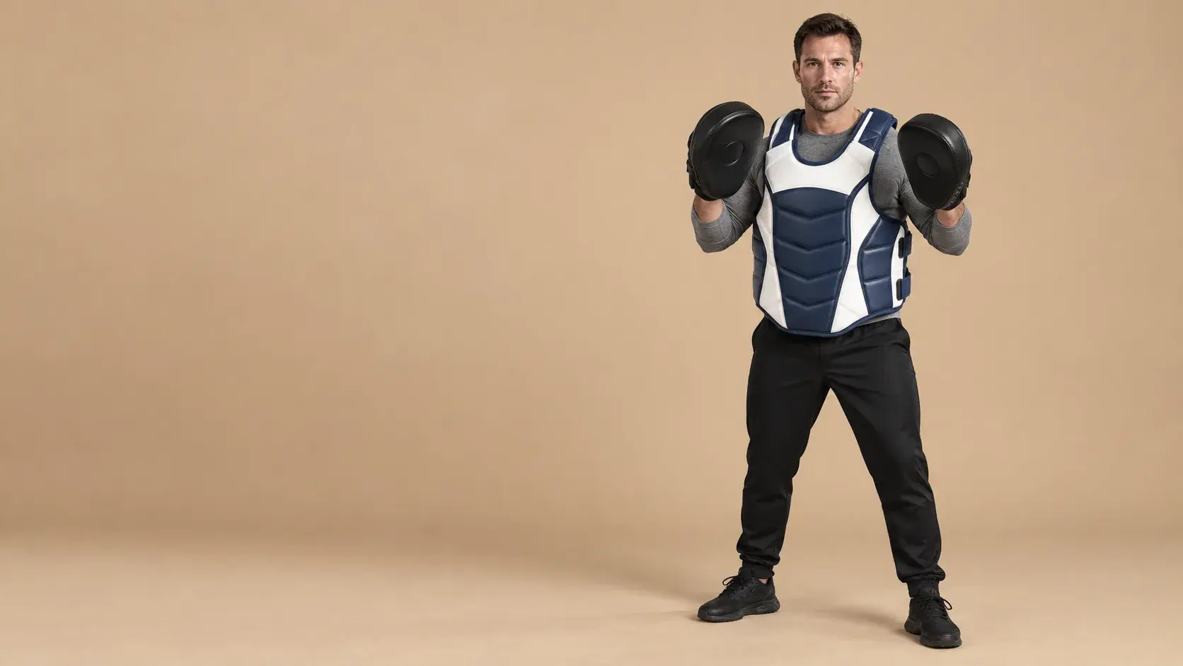 A coach on a warm sand backdrop in a navy and white body protector over a grey long-sleeve top, holding up a pair of black focus mitts.