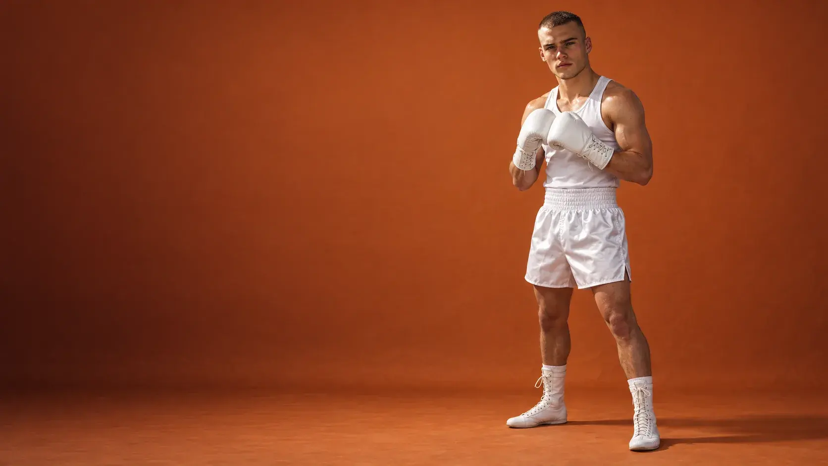 A boxer in a guard on a burnt orange backdrop, wearing white lace-up competition gloves, a white vest, white satin shorts and white boxing boots.