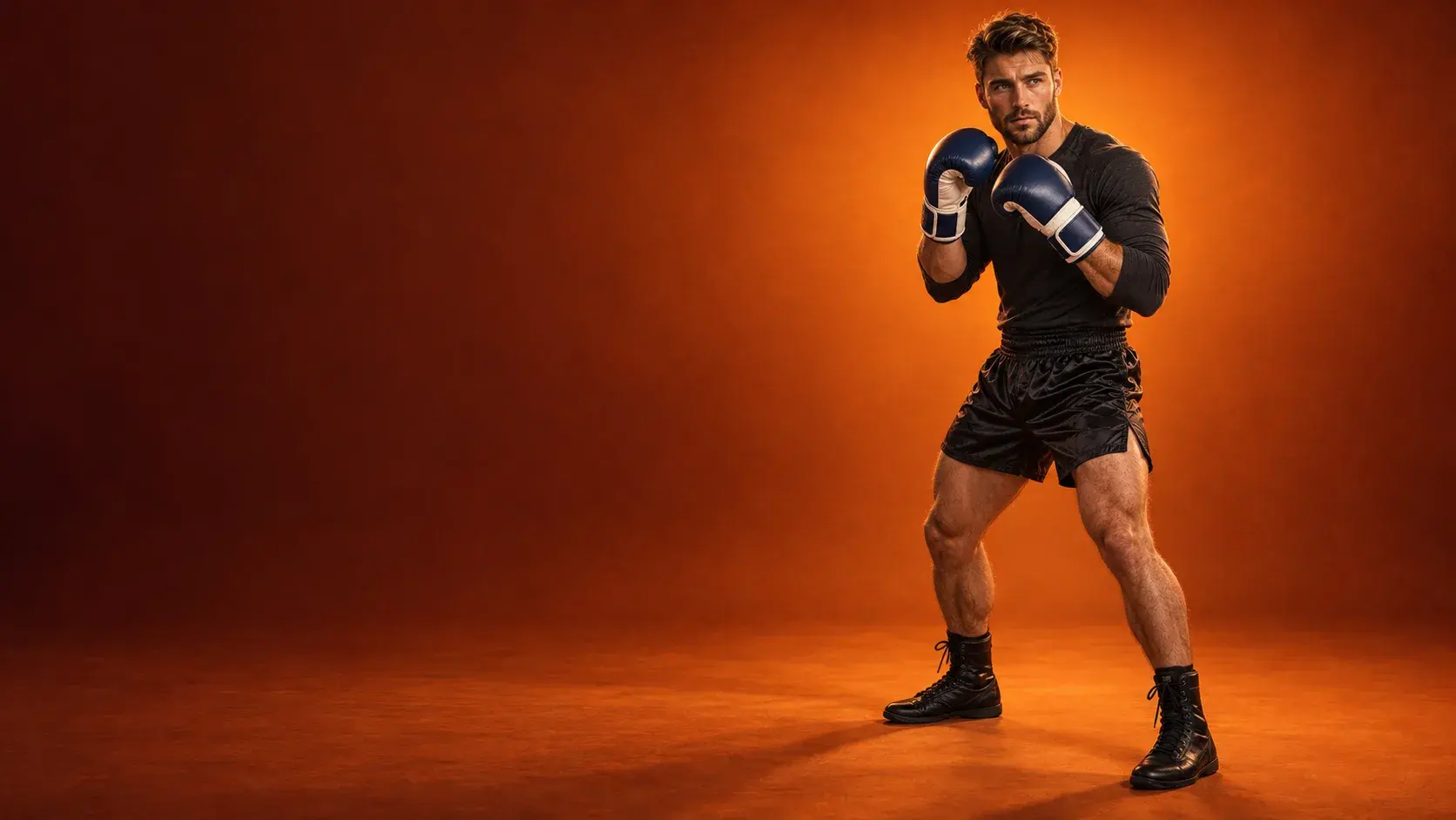A boxer in a high guard on a burnt orange backdrop, wearing navy and white sparring gloves, a charcoal long-sleeve top, black satin shorts and black boots.