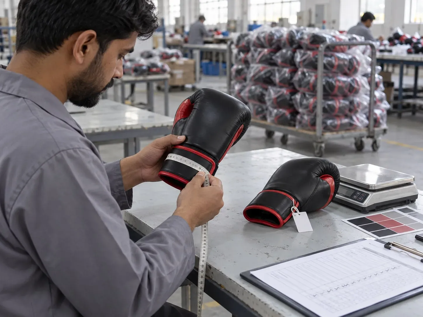 A quality inspector measuring the cuff of a black and red boxing glove with a tape, beside the tagged approved sample, a digital scale, a colour reference card and a ticked inspection checklist.