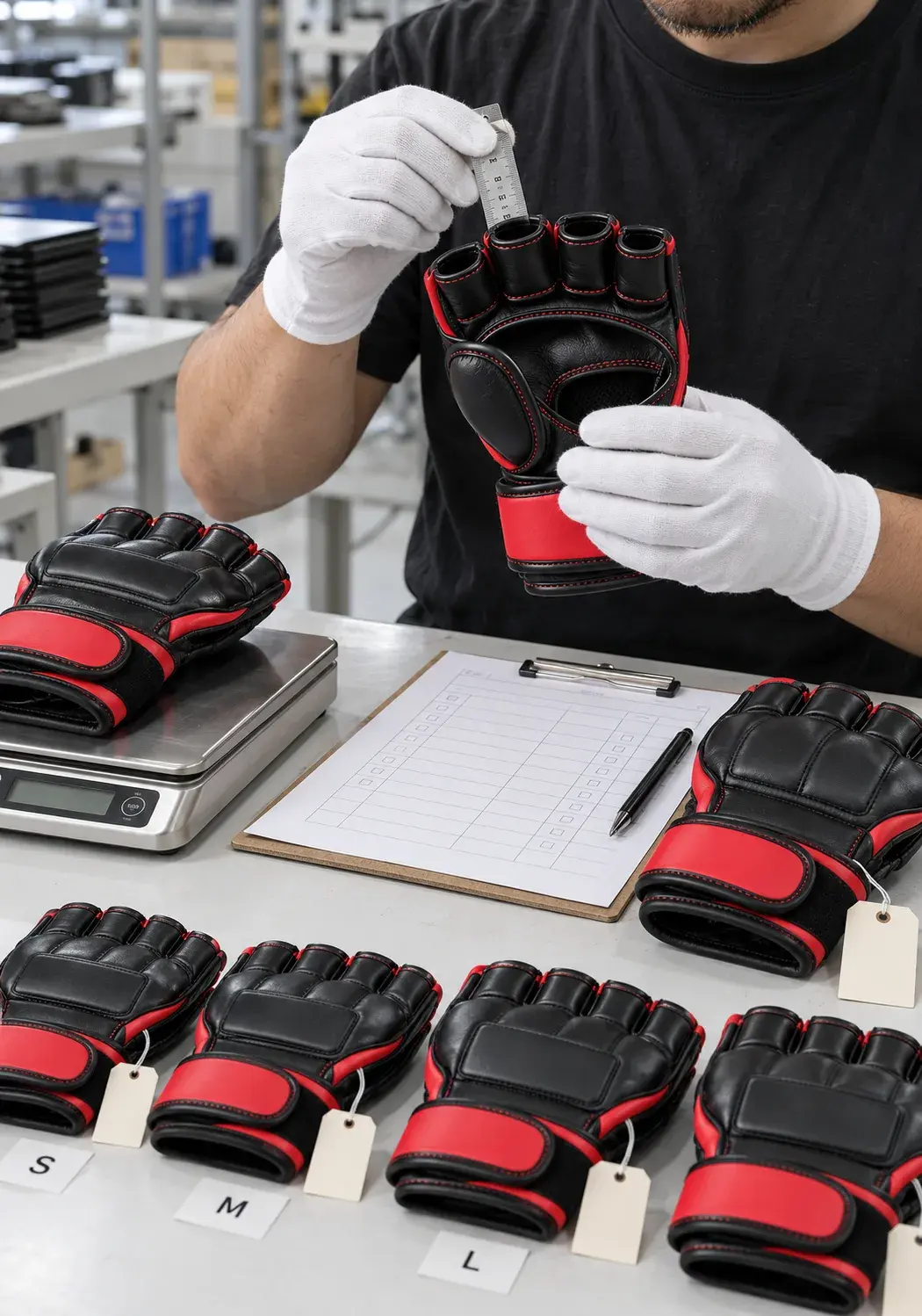 An inspector in white cotton gloves measuring the finger loops of a black and red MMA fight glove, its pair on a digital scale, beside a checklist and tagged pairs sorted by size.