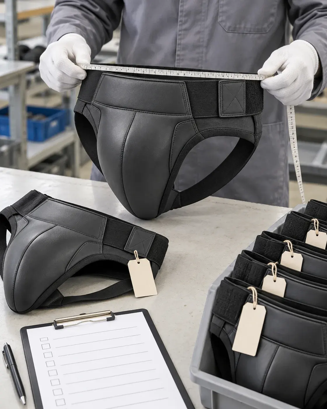 An inspector in white cotton gloves measuring the waistband of a black groin guard with a tape measure, beside a tagged guard, a checklist and a tray of finished guards.