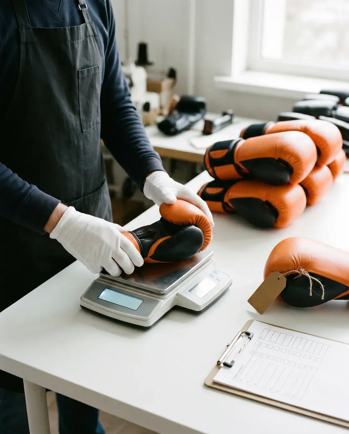 An inspector in white cotton gloves weighing an orange and black training glove on a digital scale, beside a stack of finished gloves, the tagged approved sample and a checklist.