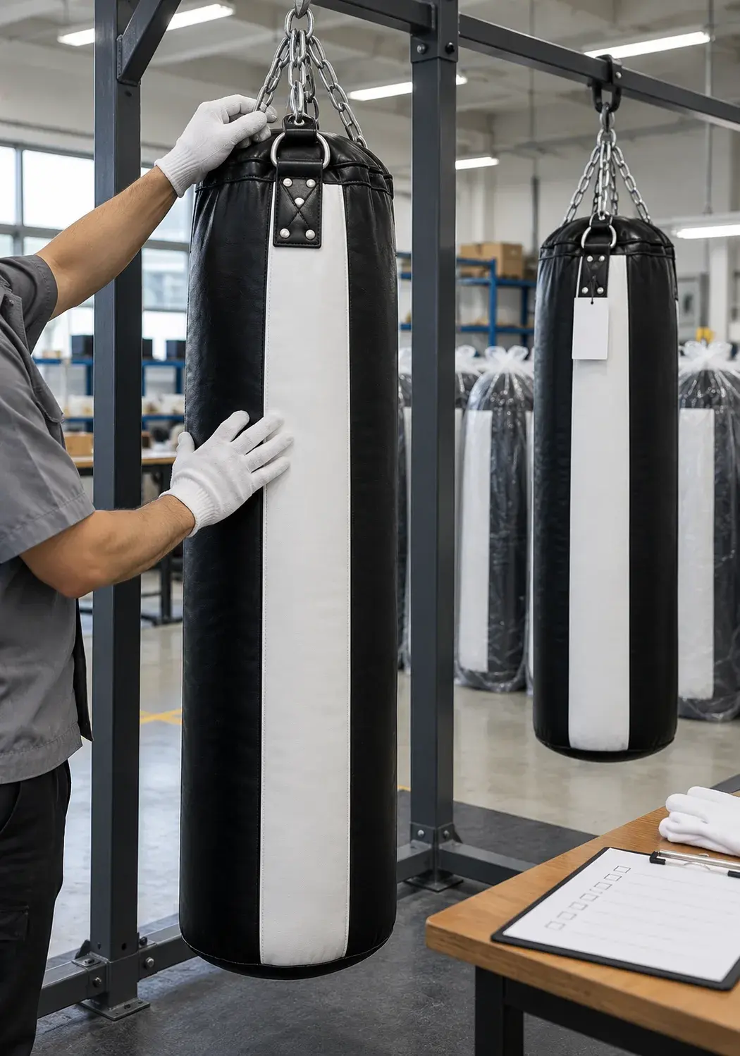 An inspector in white cotton gloves checking the chain and D-ring of a black and white heavy bag on a steel test frame, with wrapped finished bags behind.