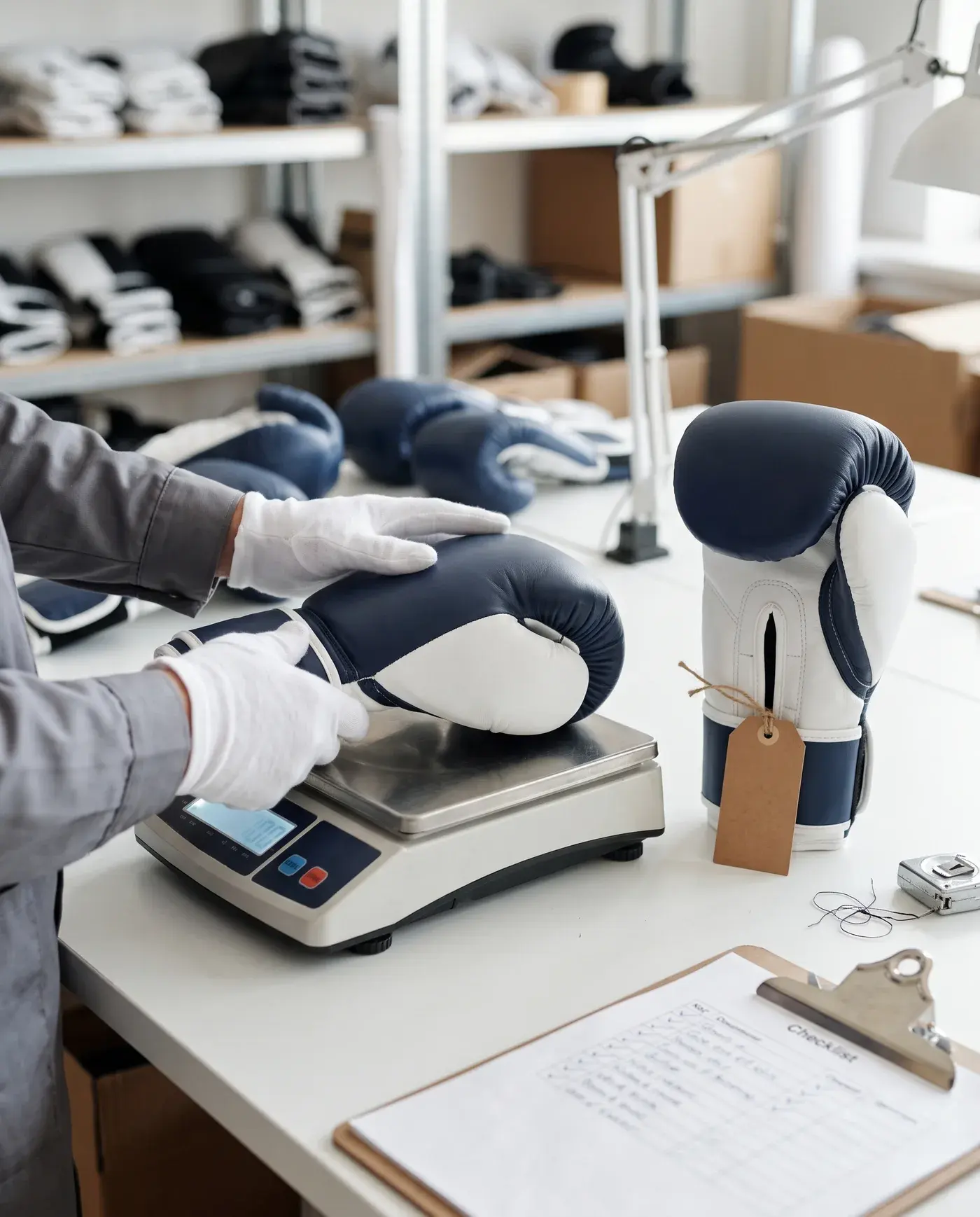 An inspector in white cotton gloves weighing a navy and white sparring glove on a digital scale beside the tagged approved sample and a checklist.