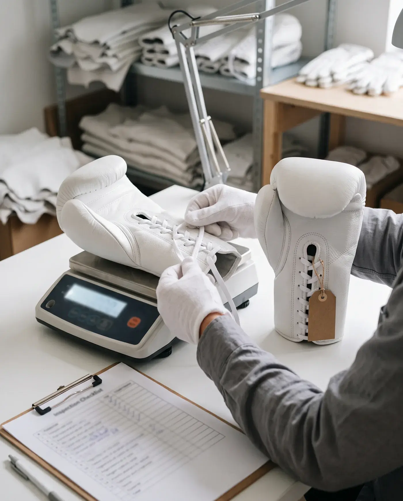 An inspector in white cotton gloves checking the laces of a white competition glove on a digital scale, beside the tagged approved sample and an inspection checklist.