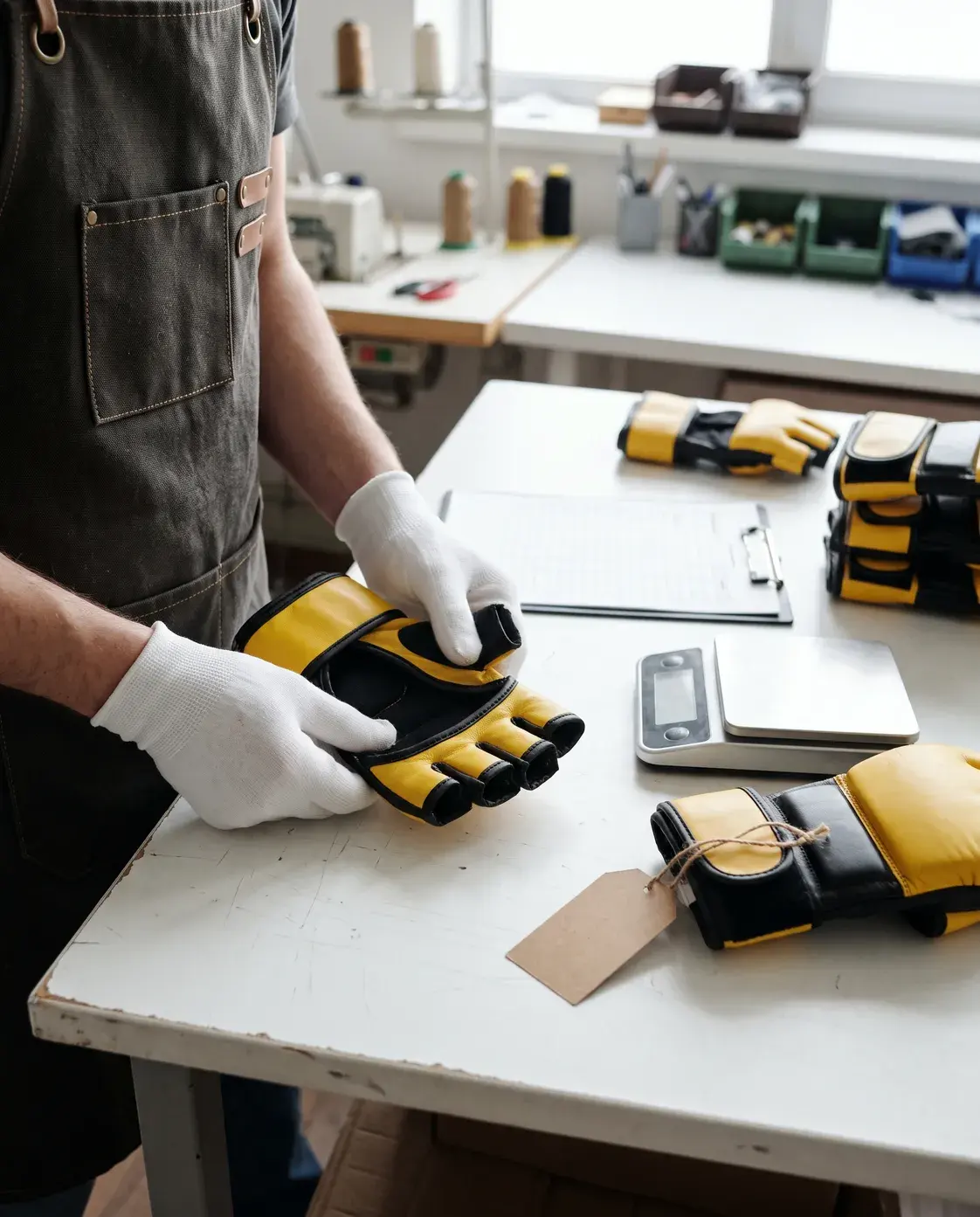 An inspector in white cotton gloves checking the open palm of a yellow and black grappling glove at a workshop table, beside a digital scale, a checklist, the tagged approved sample and a stack of finished gloves.